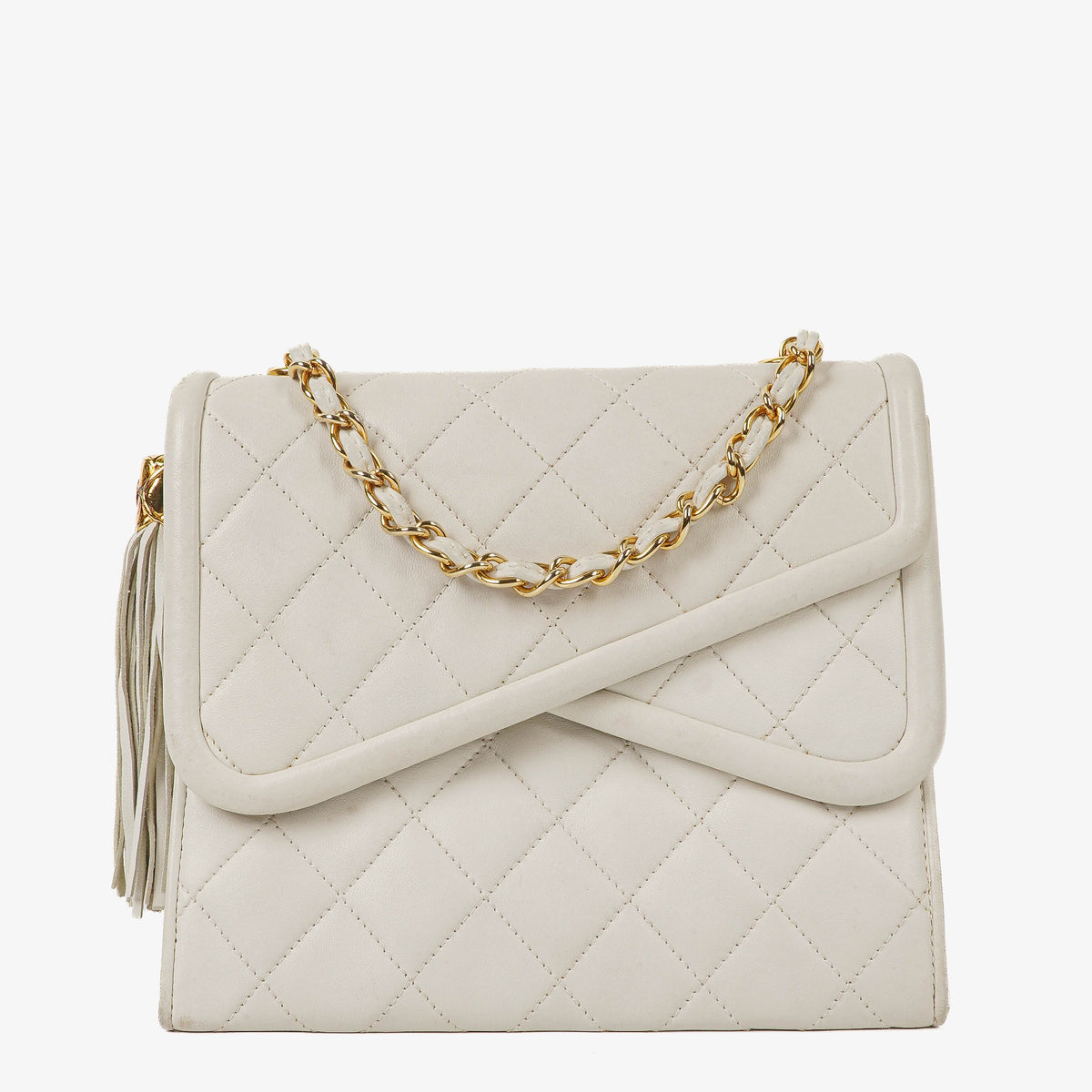 Chanel Small Tassel Flap Bag White Quilted Lambskin Bag