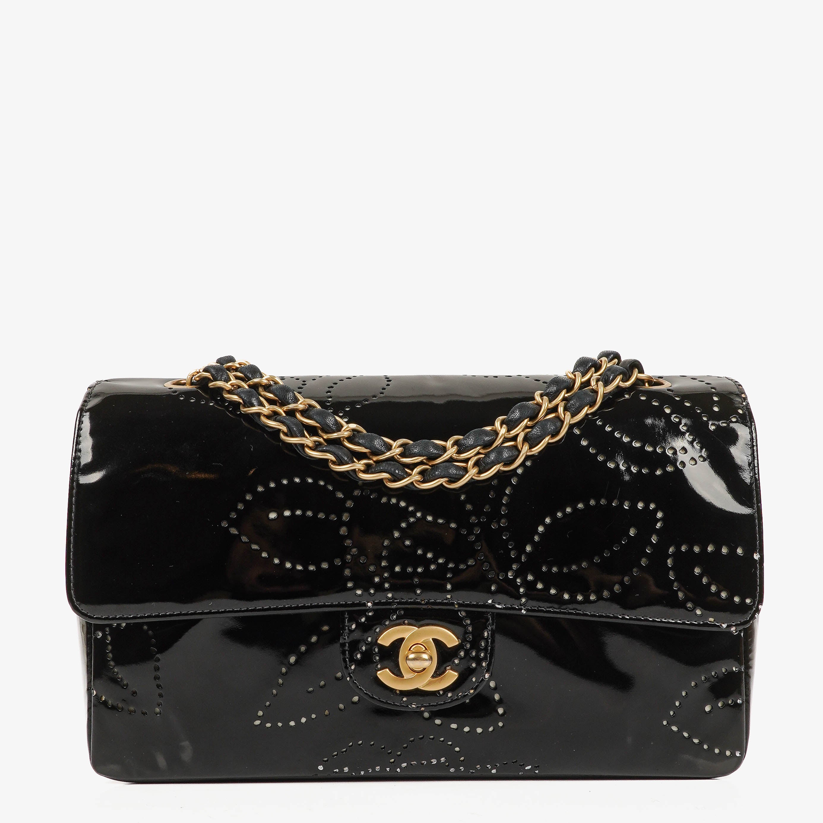 Chanel Camellia Perforated Black Patent Leather Flap Bag