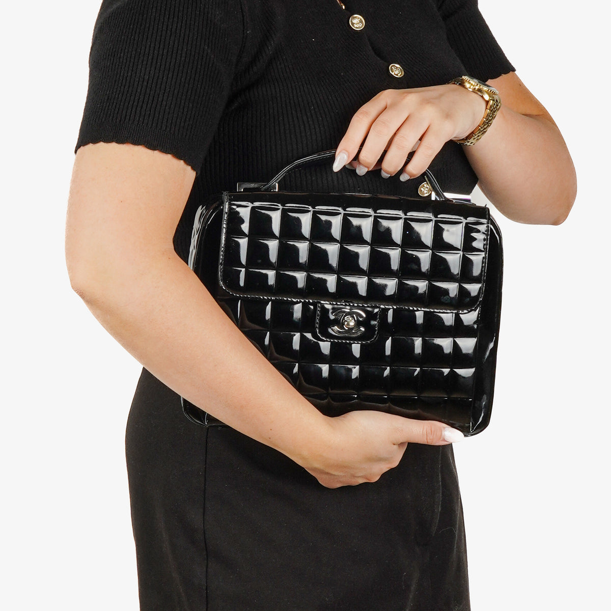 Chanel Chocolate Bar Briefcase Black Patent Leather With Silver Tone Hardware