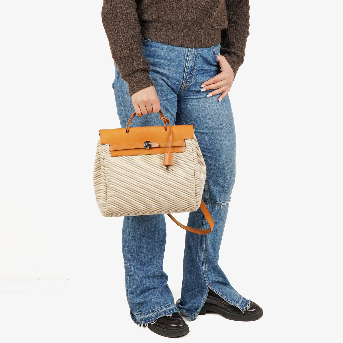 Hermes Herbag PM Vache Hunter Criss Viking Ecru Beige Naturel 2 Way Backpack With Palladium Hardware