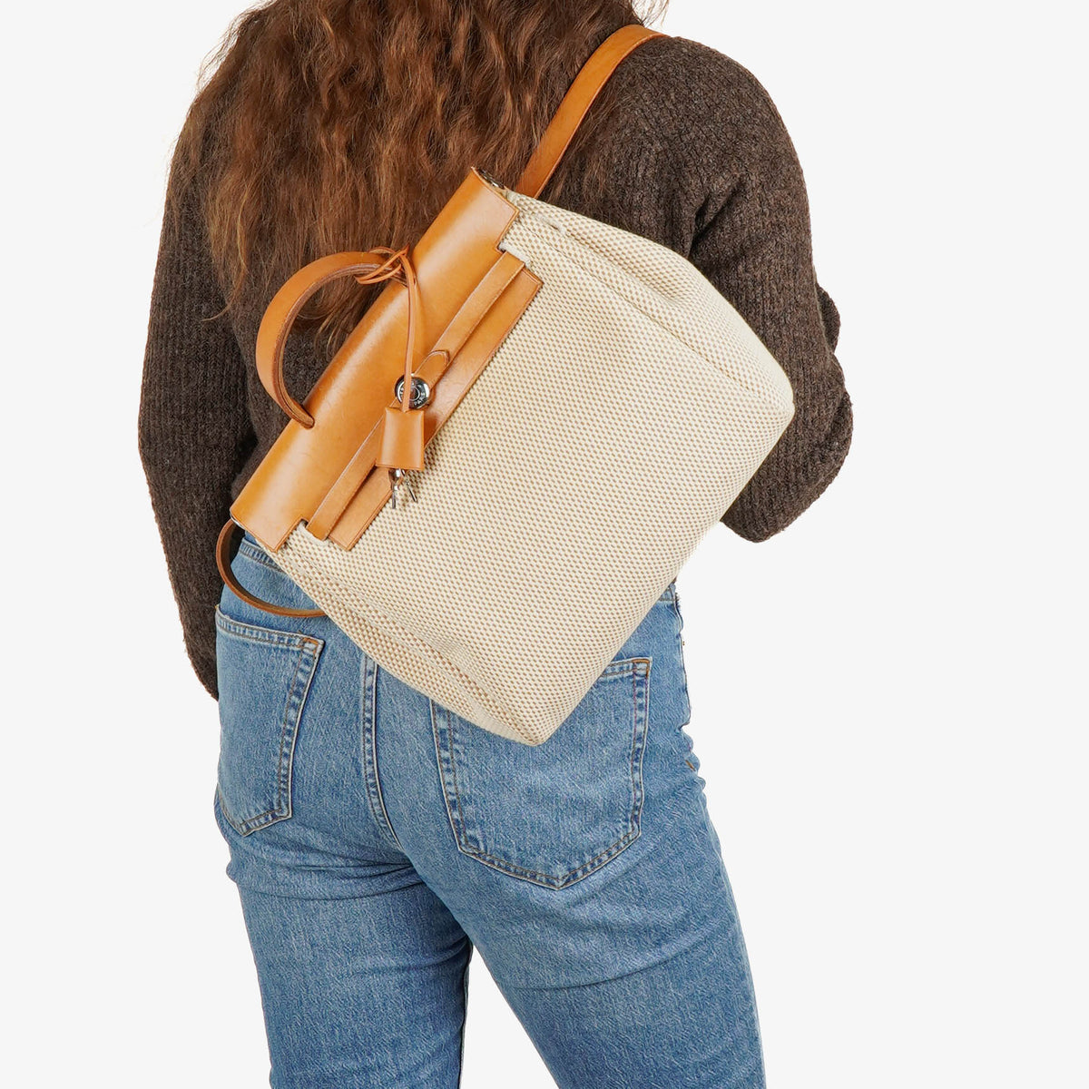 Hermes Herbag PM Vache Hunter Criss Viking Ecru Beige Naturel 2 Way Backpack With Palladium Hardware