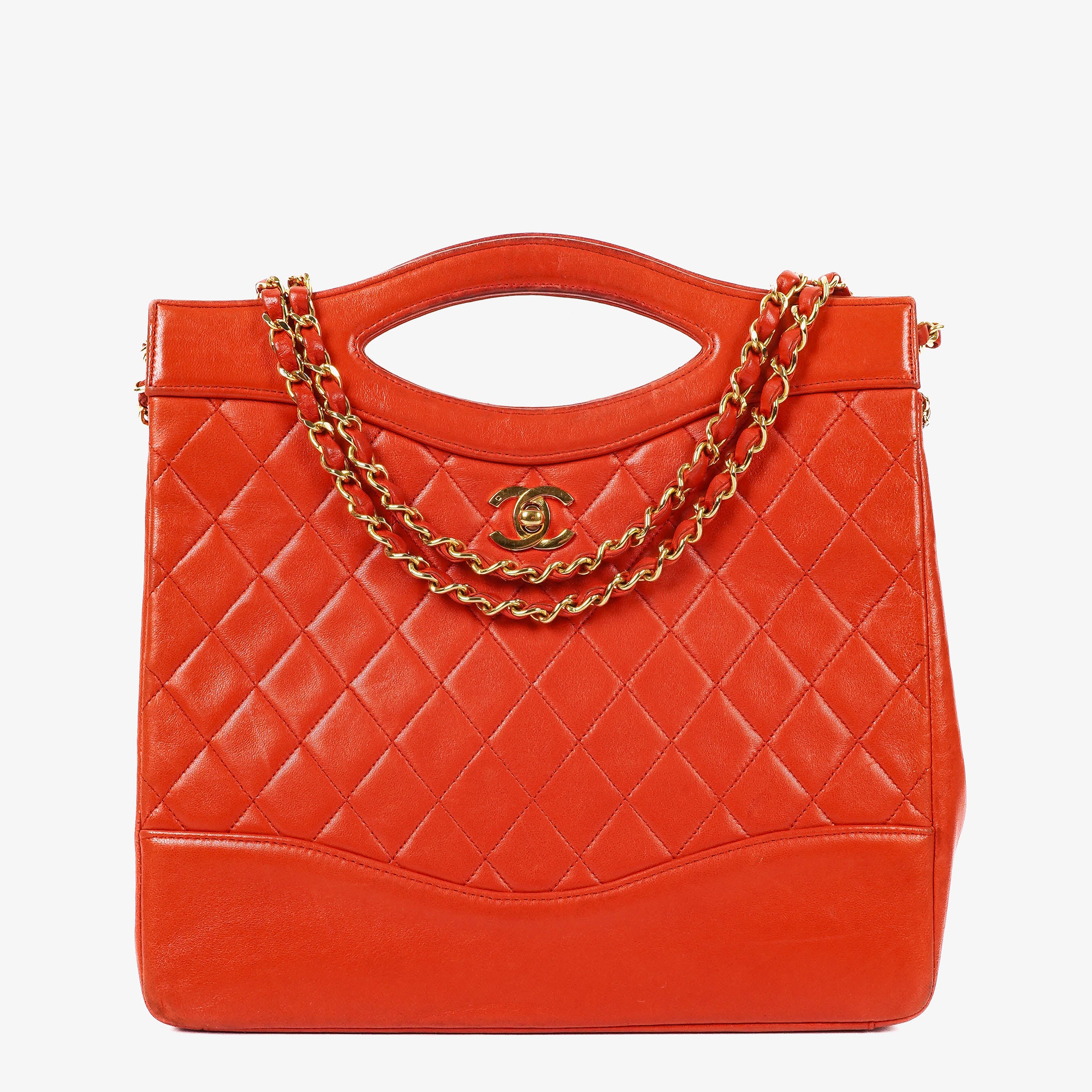 Chanel Red Lambskin Quilted Small 31 Vintage Shopping Tote Bag