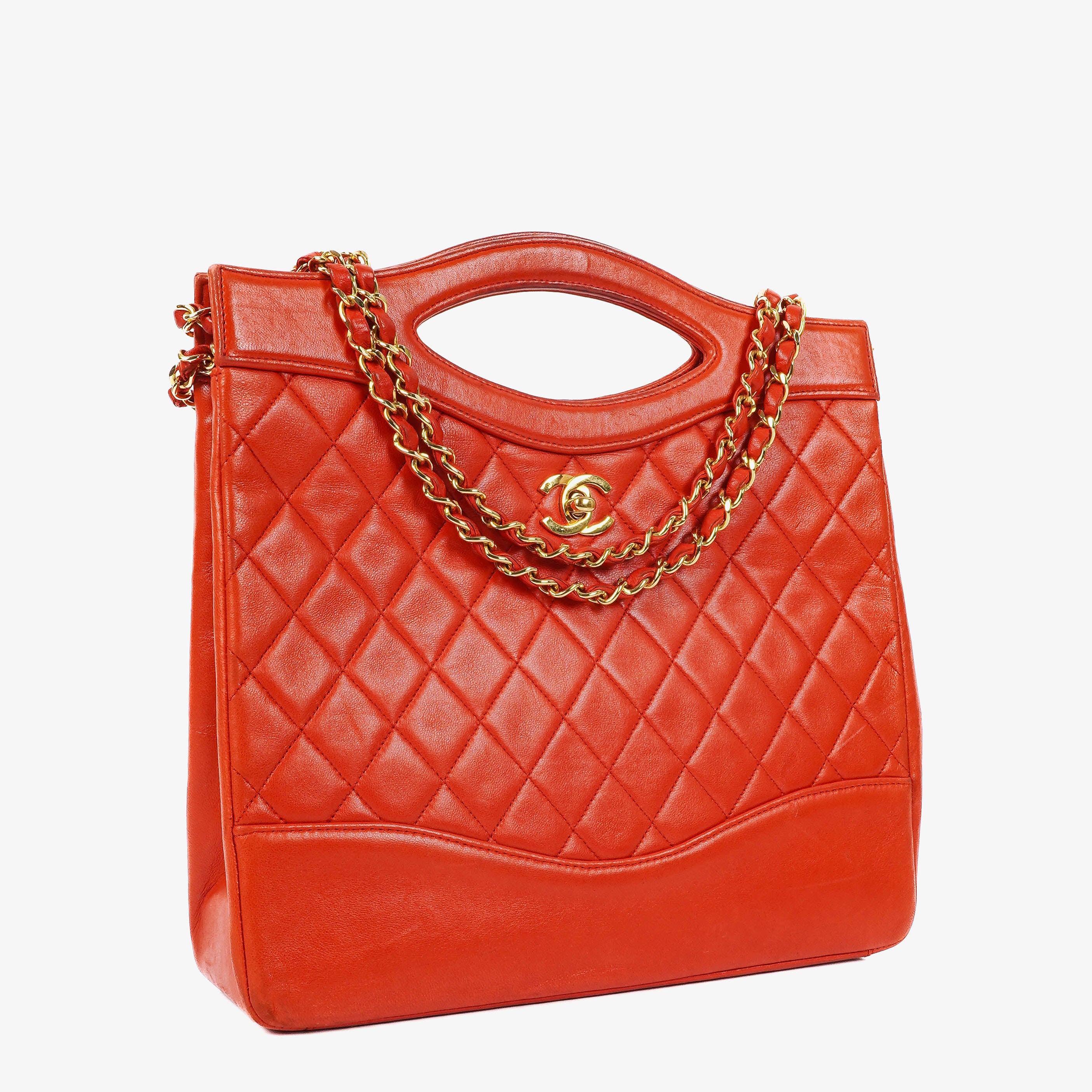 Chanel Red Lambskin Quilted Small 31 Vintage Shopping Tote Bag
