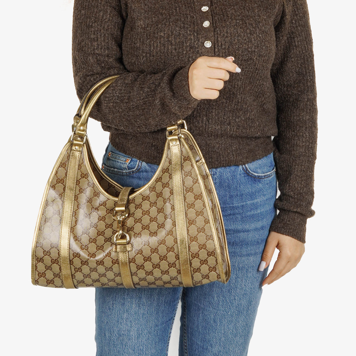 Gucci GG Crystal Canvas Jackie Bardot Shoulder Bag