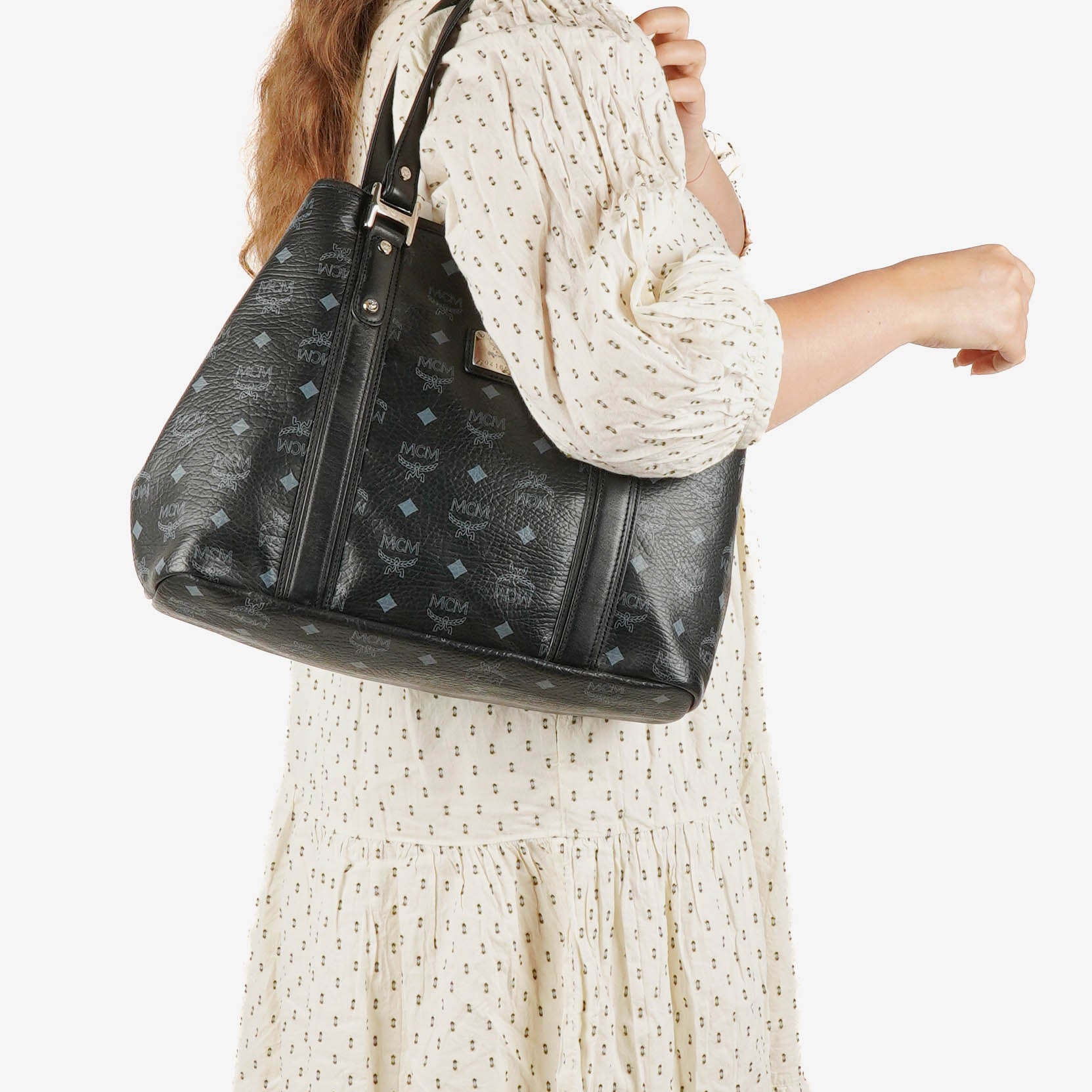 MCM Visetos Black Coated Canvas and Leather Tote Bag