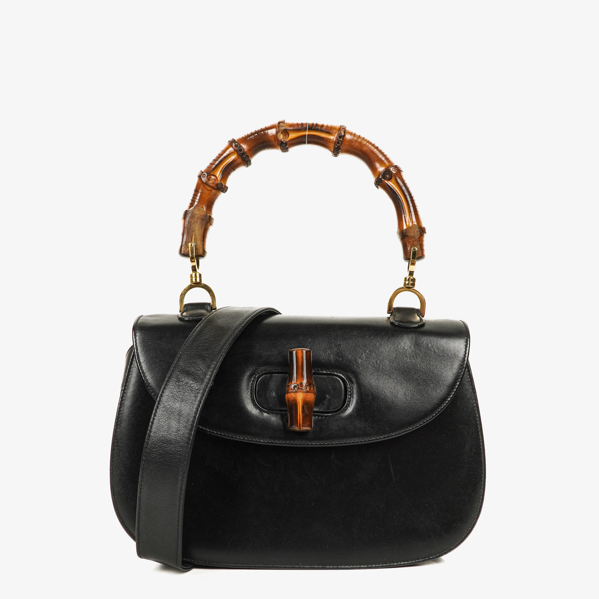 Gucci Convertible Bamboo Top Handle Black Leather Bag