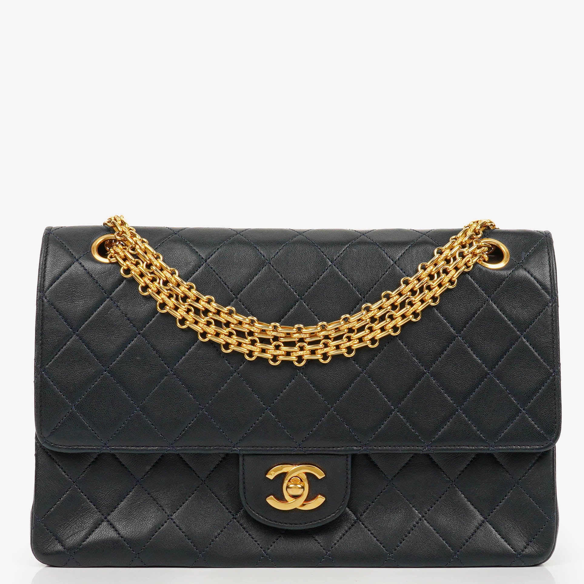 Chanel Medium Double Flap Bag Navy Quilted Lambskin With 24K Gold-Plated Hardware And Mademoiselle Chain