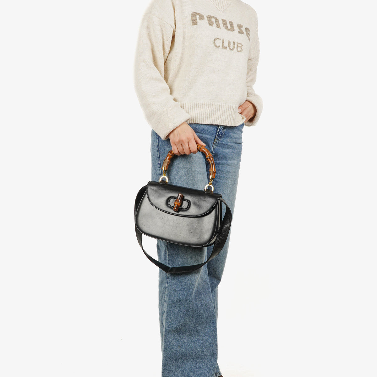 Gucci Convertible Bamboo Top Handle Black Leather Bag