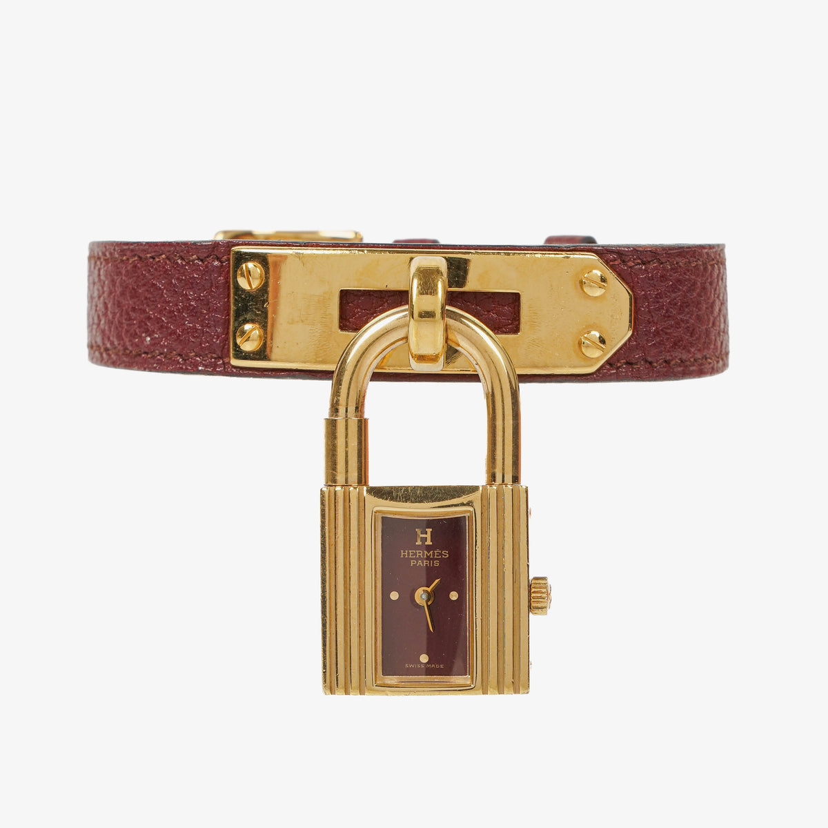 Hermes Kelly Burgundy Courchevel Leather Gold Plated Watch