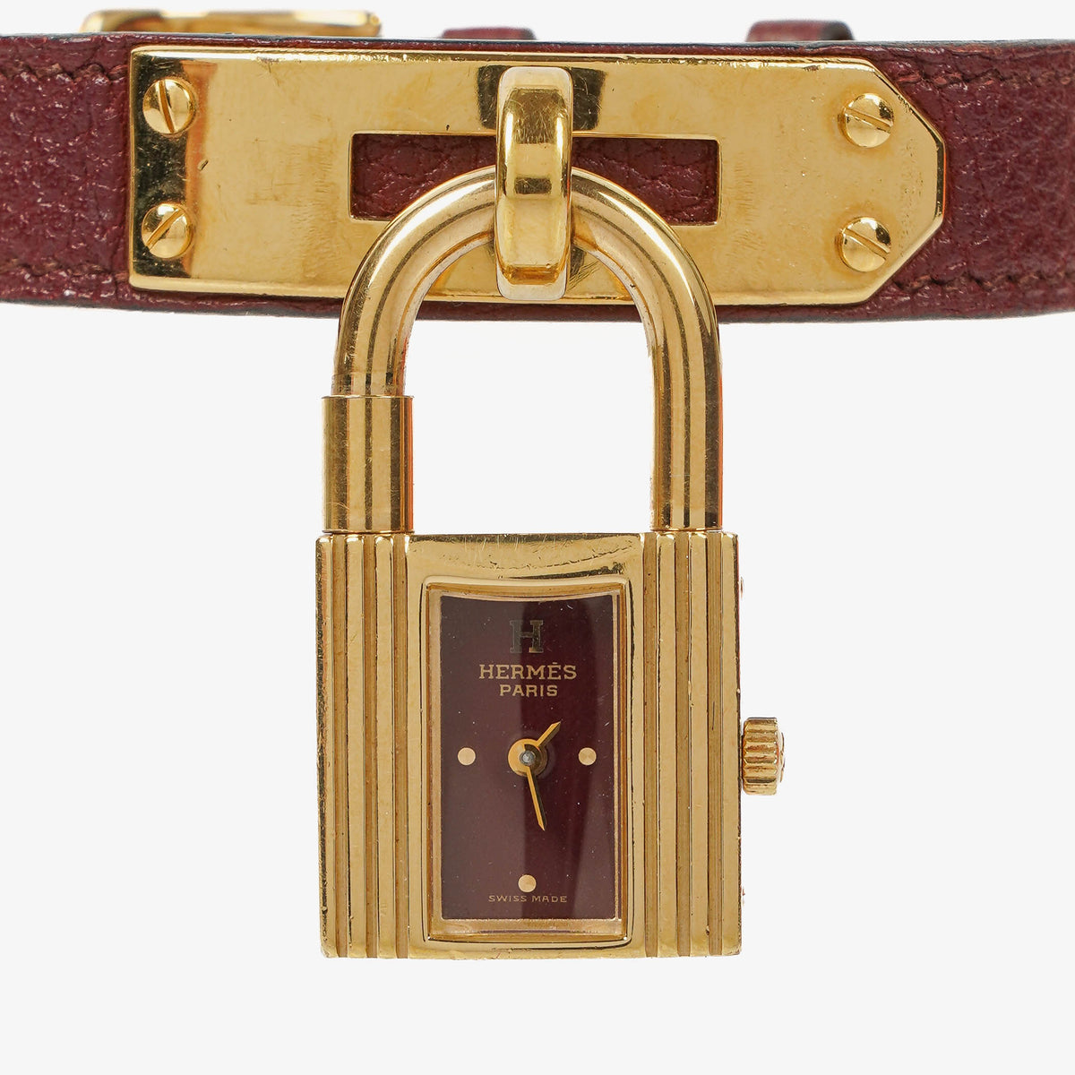 Hermes Kelly Burgundy Courchevel Leather Gold Plated Watch
