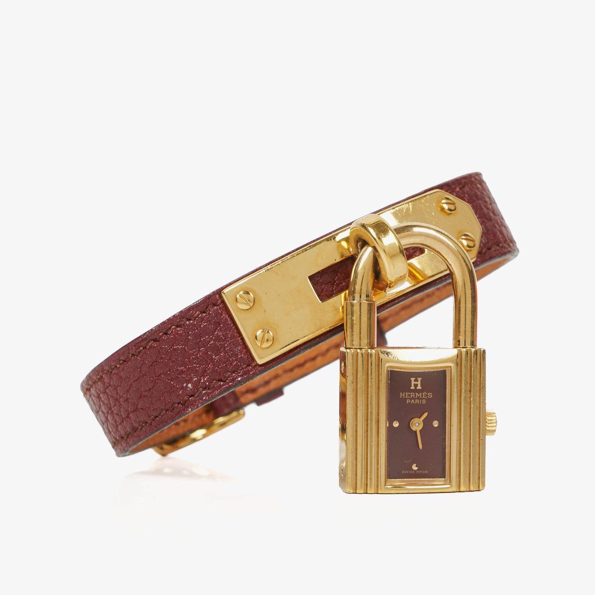 Hermes Kelly Burgundy Courchevel Leather Gold Plated Watch