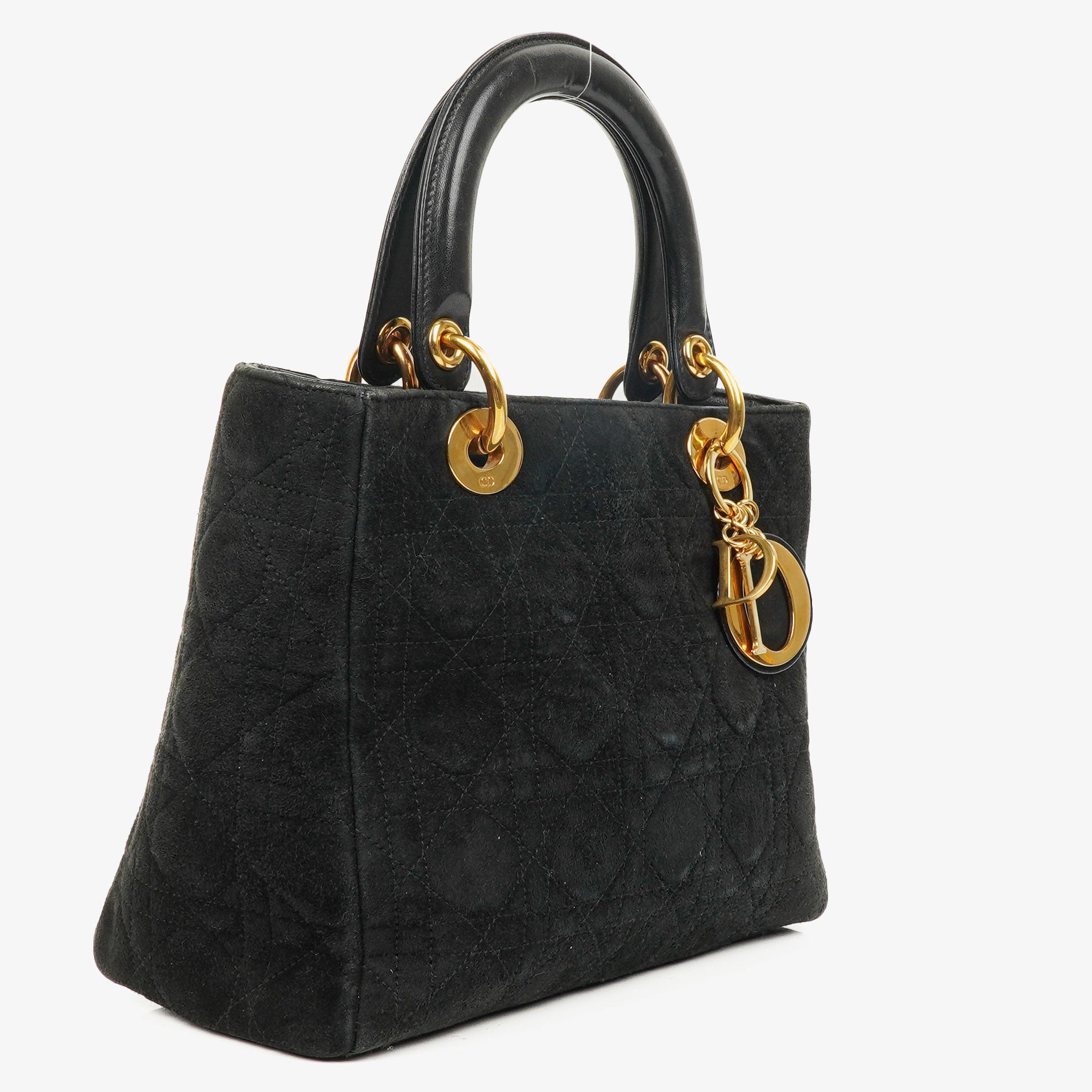 Christian Dior Black Cannage Quilted Suede Leather Lady Dior Bag