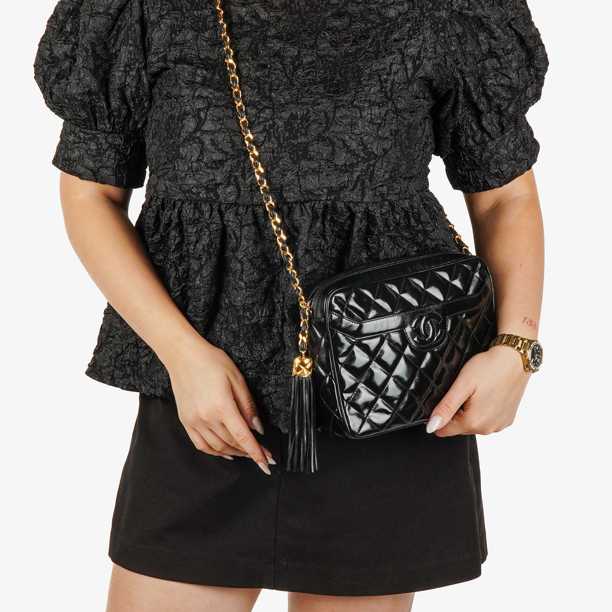 Chanel CC Black Quilted Patent Leather Camera Tassel Bag