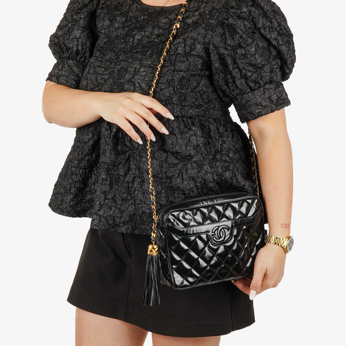 Chanel CC Black Quilted Patent Leather Camera Tassel Bag