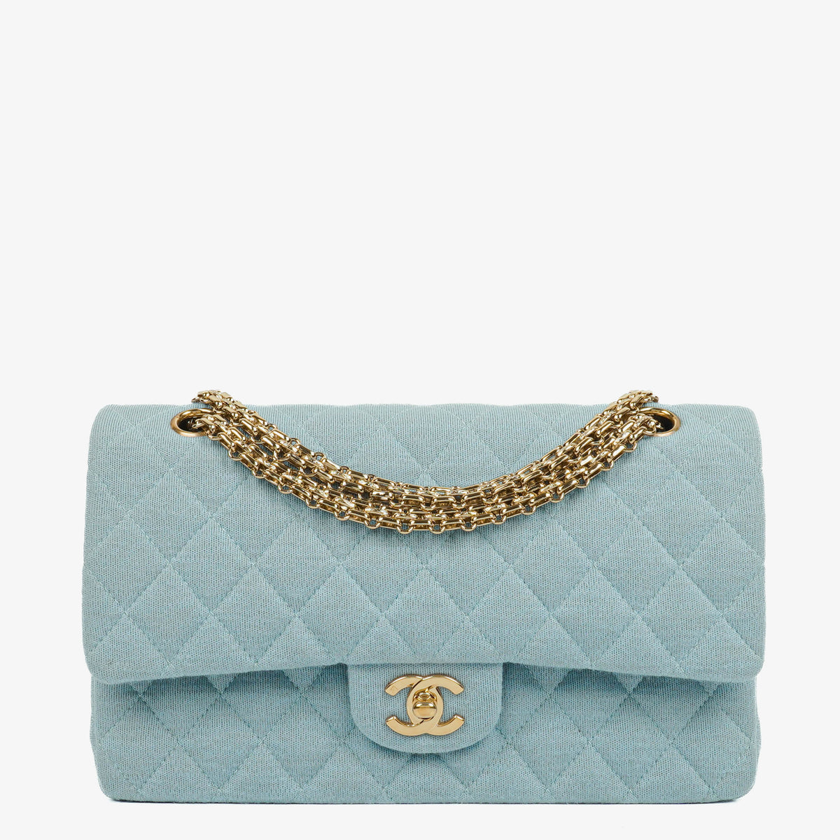 Chanel Medium Classic Vintage Double Flap Bag Light Blue Quilted Jersey 24K Gold-Plated Hardware