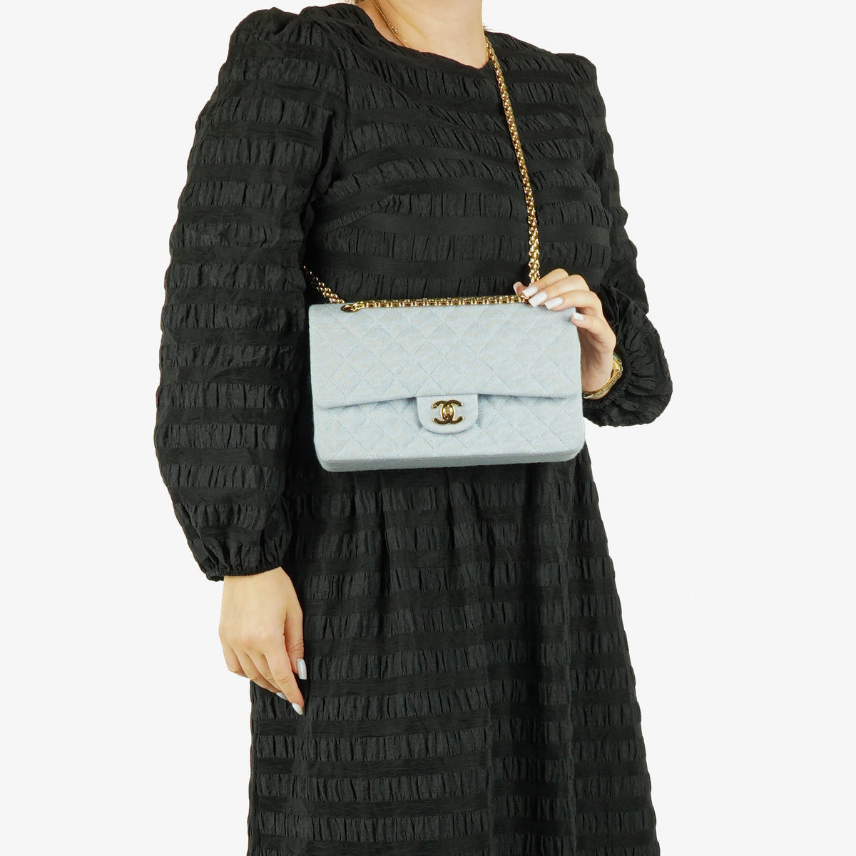 Chanel Medium Classic Vintage Double Flap Bag Light Blue Quilted Jersey 24K Gold-Plated Hardware