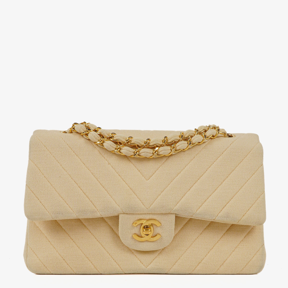 Chanel Chevron Medium Double Flap Bag In Beige Quilted Jersey And 24K Gold-Plated Hardware