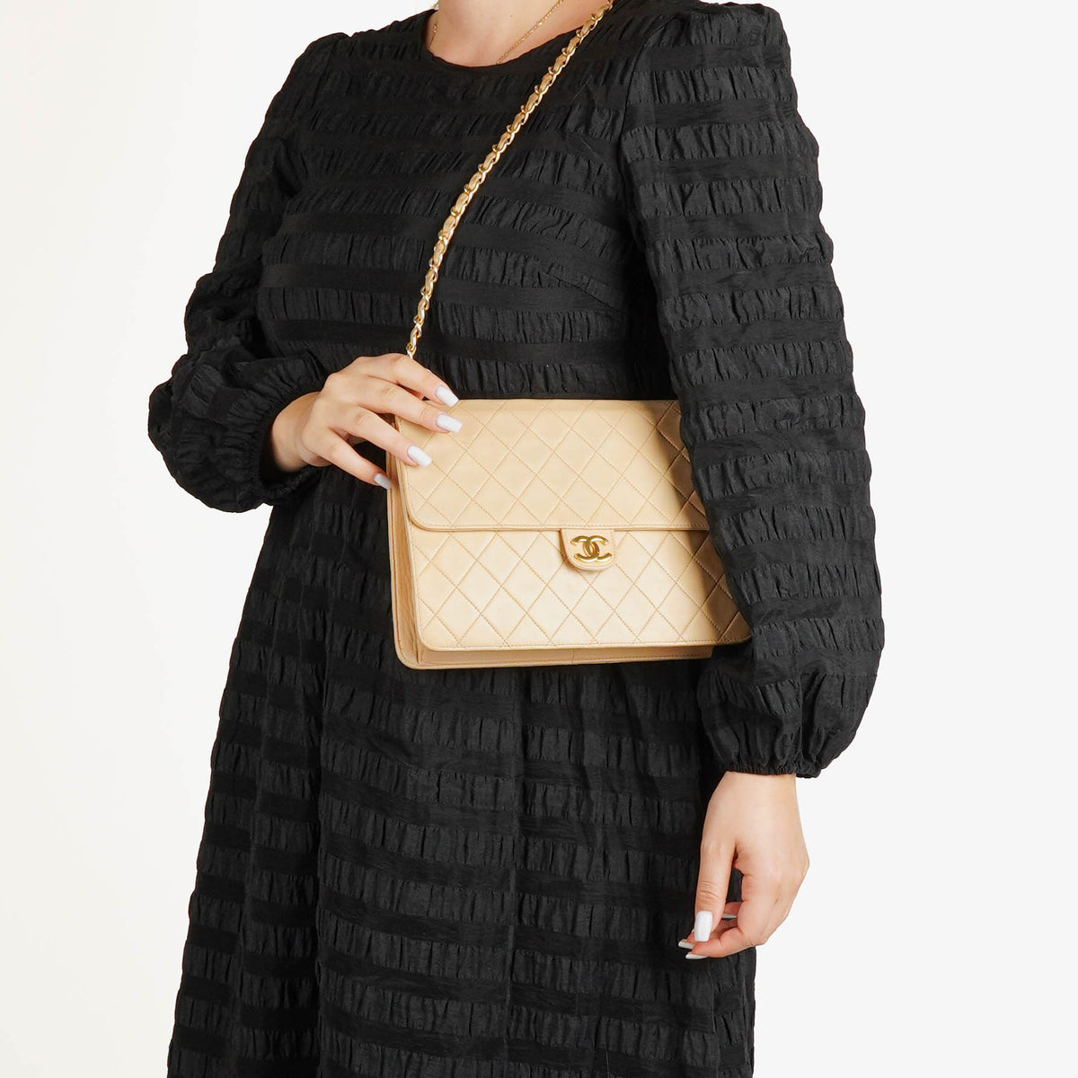 Chanel Classic Single Flap Bag Beige Quilted Lambskin With 24K Gold-Plated Hardware