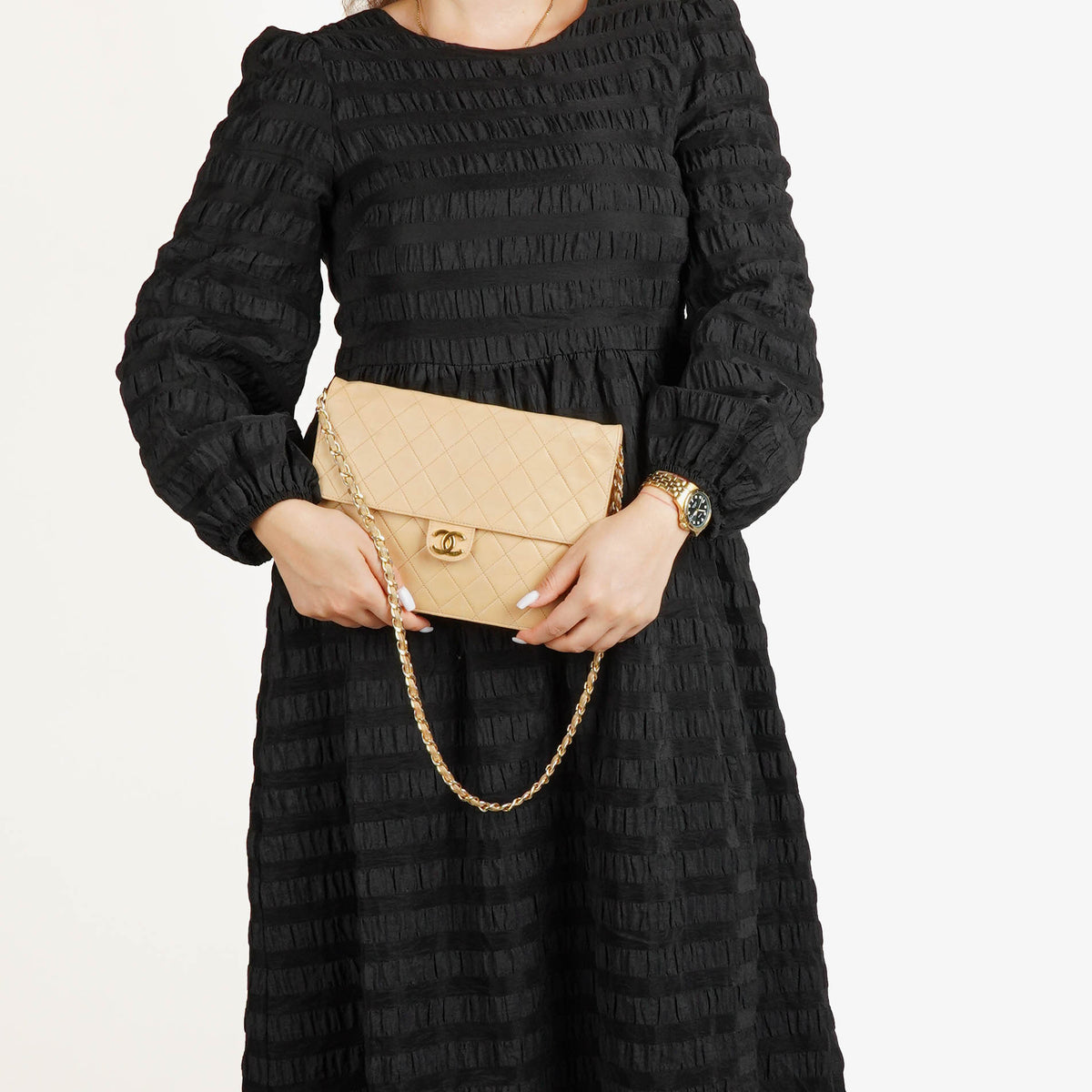Chanel Classic Single Flap Bag Beige Quilted Lambskin With 24K Gold-Plated Hardware