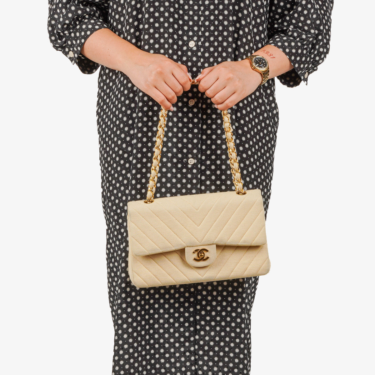 Chanel Chevron Medium Double Flap Bag In Beige Quilted Jersey And 24K Gold-Plated Hardware