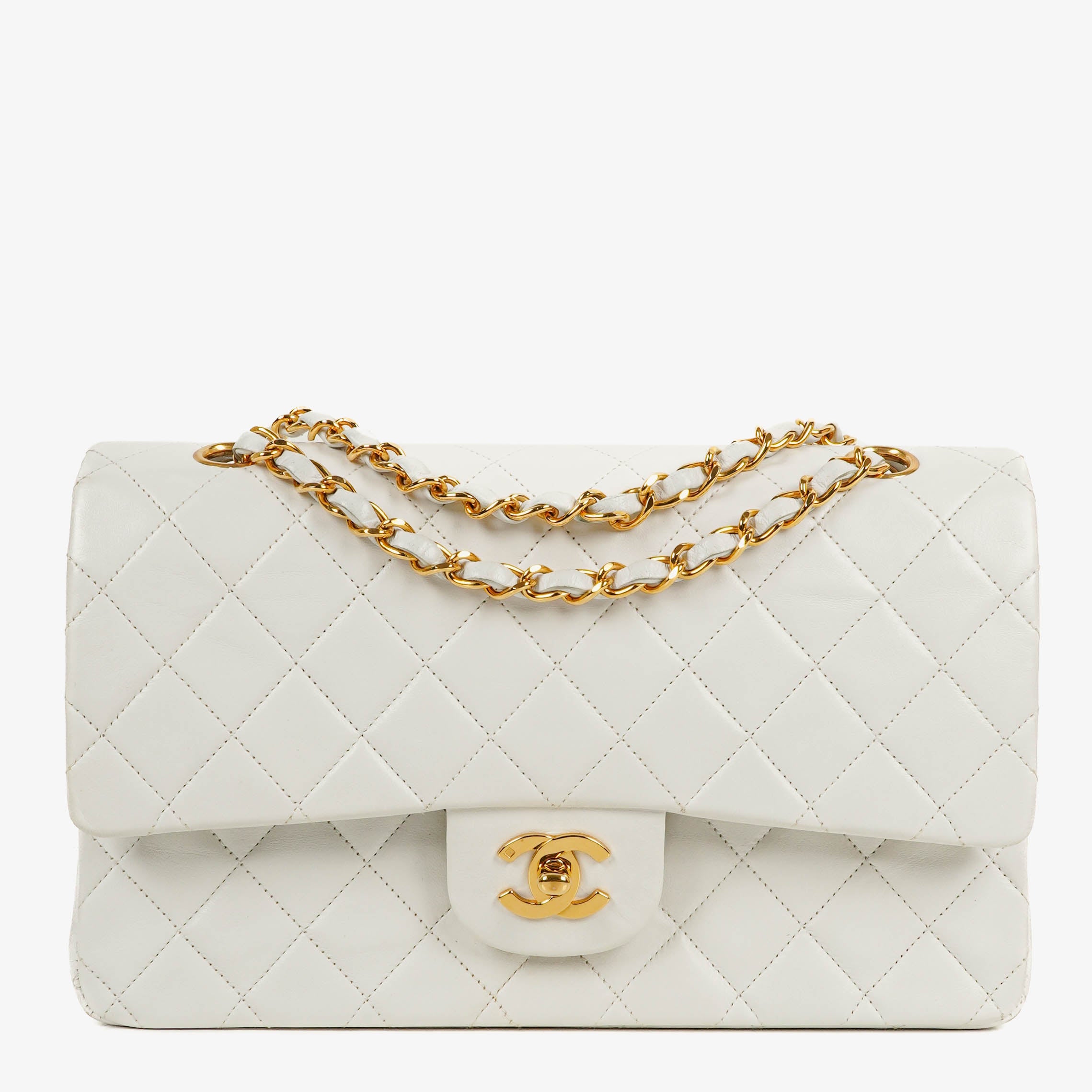 Chanel Medium Classic Vintage Double Flap Bag White Quilted Lambskin 24K Gold-Plated Hardware