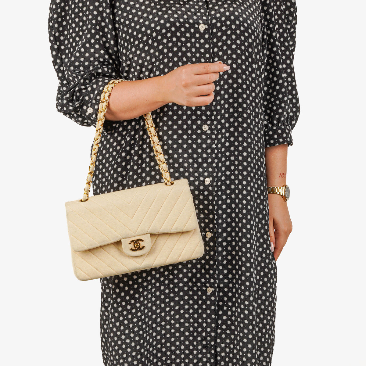Chanel Chevron Medium Double Flap Bag In Beige Quilted Jersey And 24K Gold-Plated Hardware