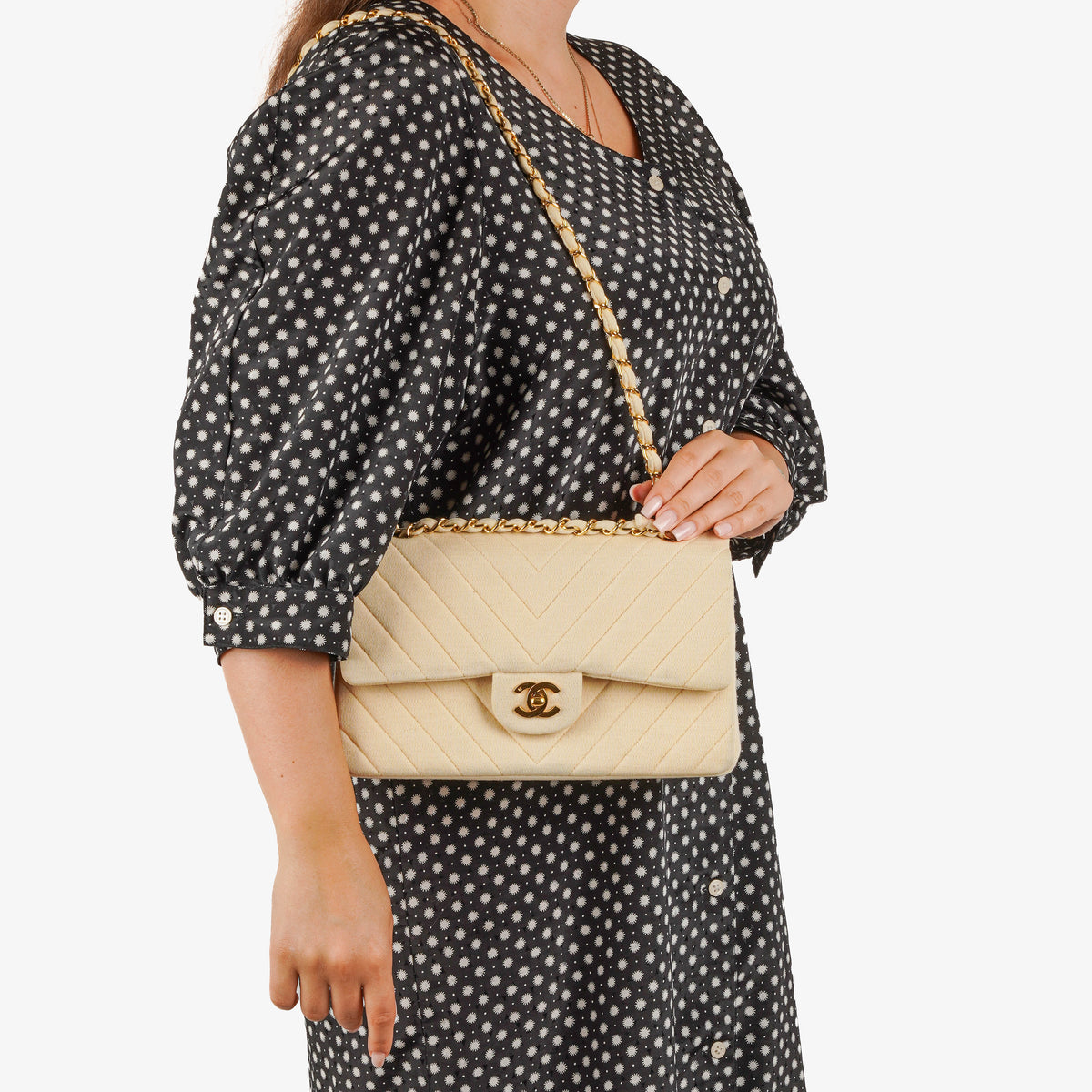 Chanel Chevron Medium Double Flap Bag In Beige Quilted Jersey And 24K Gold-Plated Hardware