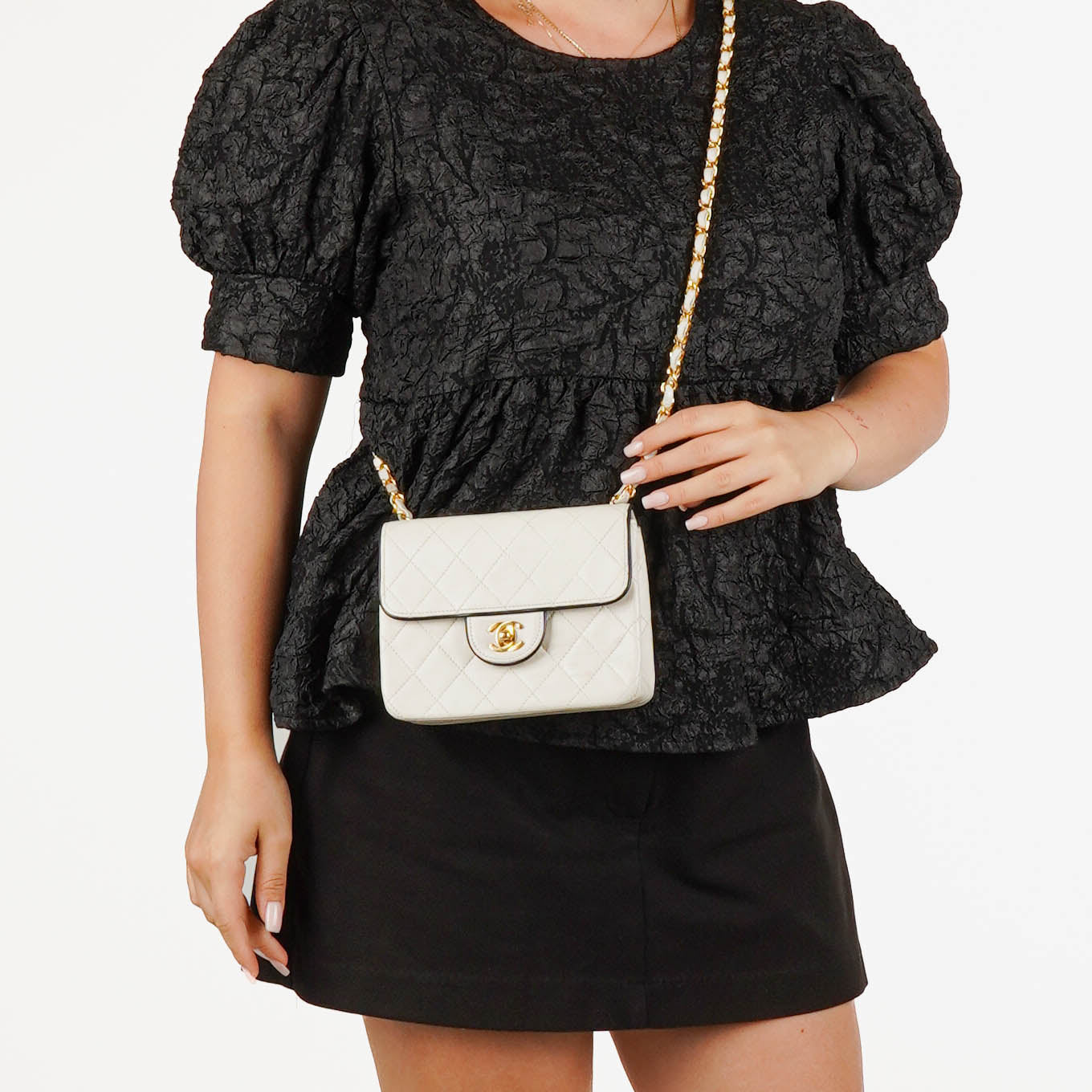 Chanel Mini Quilted Square Leather White Flap Bag With 24K Gold-Plated Hardware