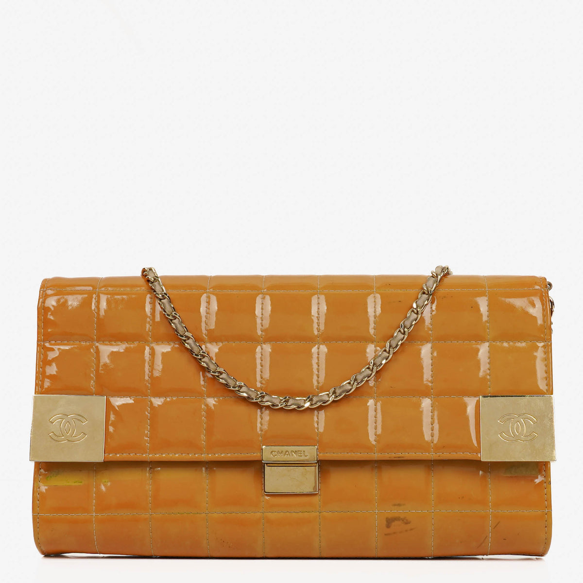 Chanel Orange Chocolate Bar East West Patent Leather Shoulder Bag