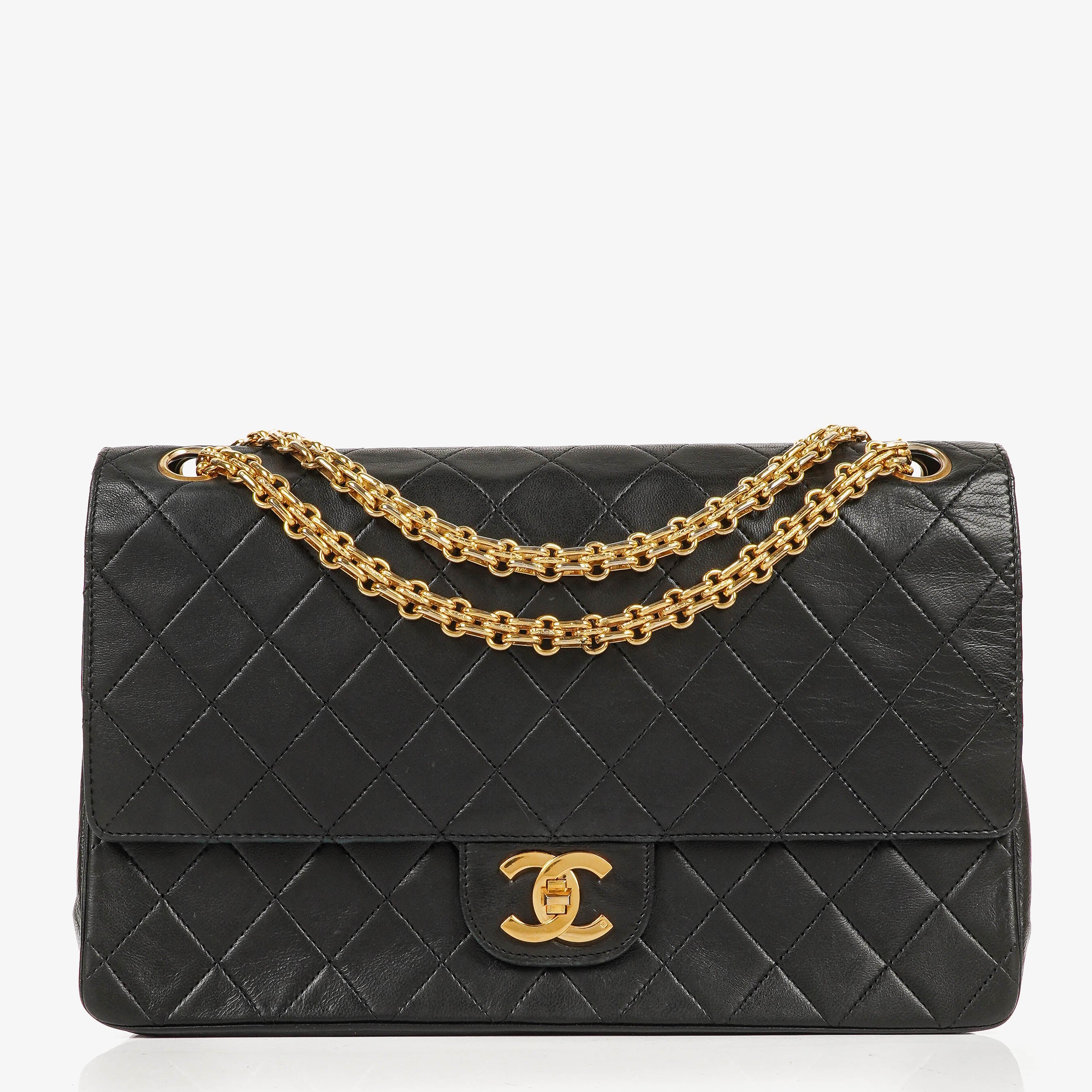 Chanel Vintage Classic Medium Double Flap Bag in Quilted Black Lambskin with 24-karat Gold-Plated Hardware