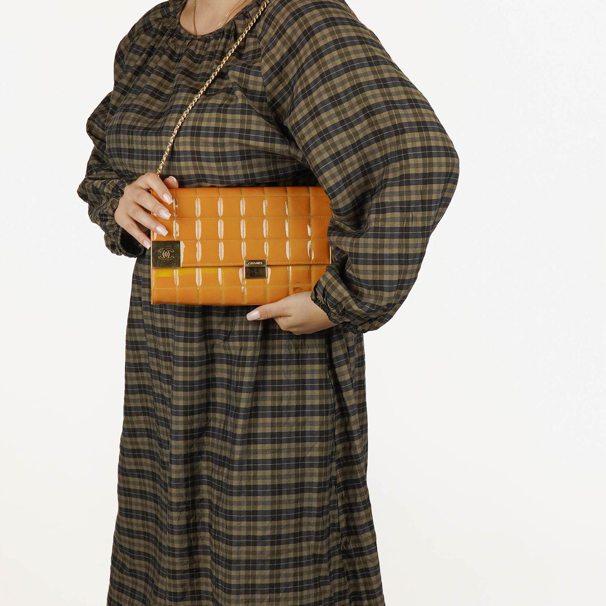 Chanel Orange Chocolate Bar East West Patent Leather Shoulder Bag