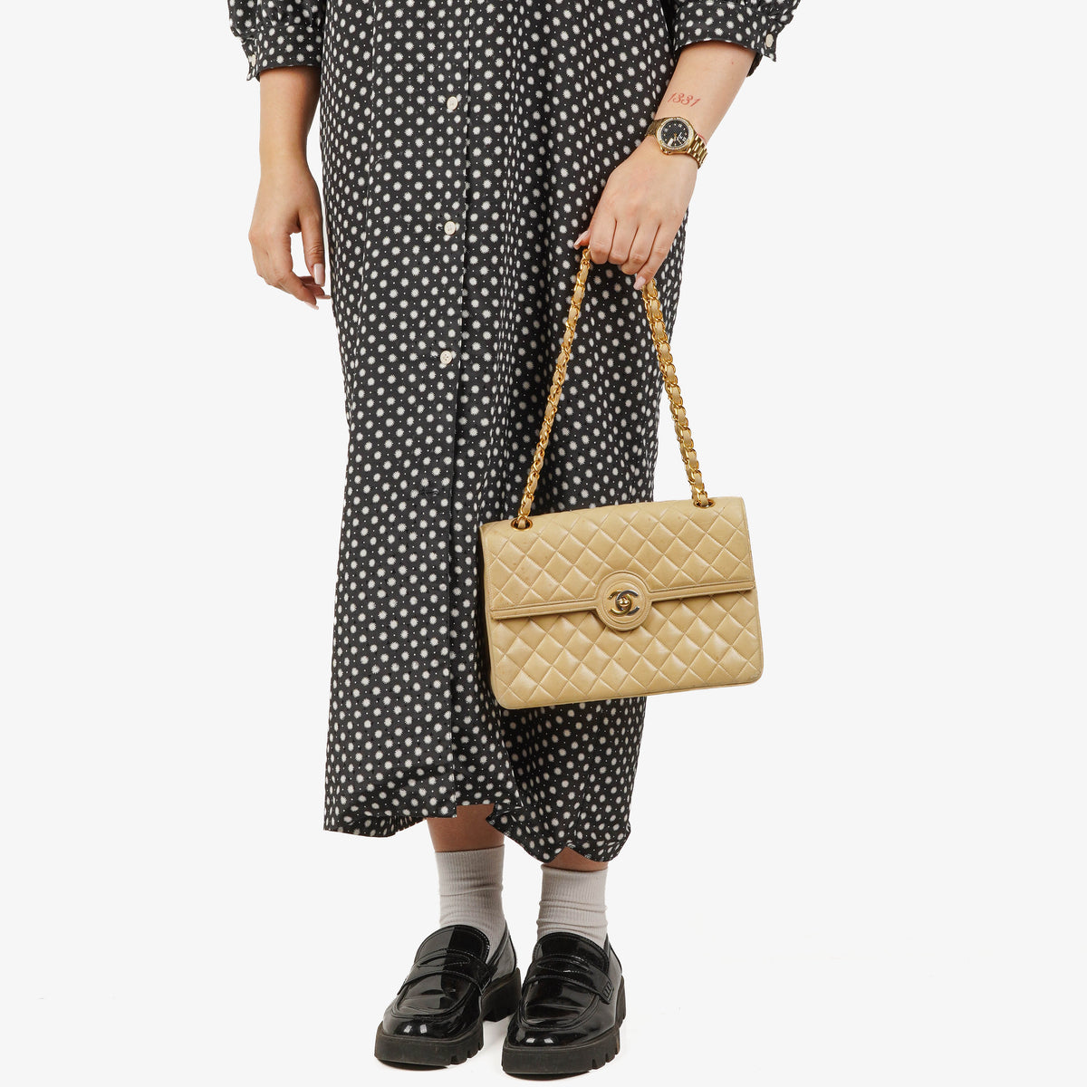 Chanel Classic Medium Single Flap Bag Beige Quilted Leather With Gold and Silver Tone Combo Hardware