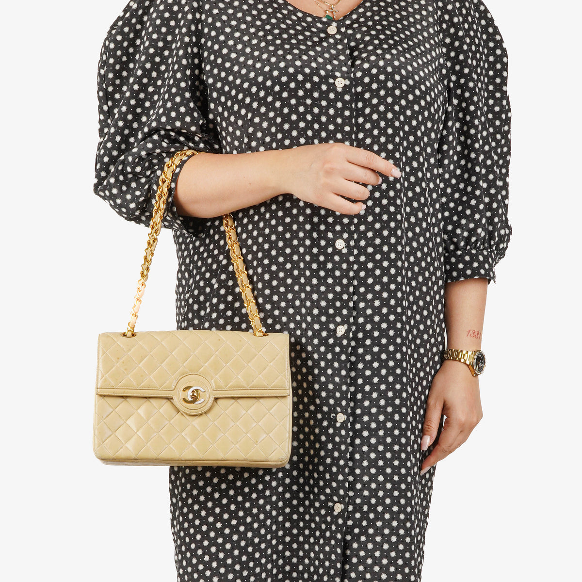 Chanel Classic Medium Single Flap Bag Beige Quilted Leather With Gold and Silver Tone Combo Hardware