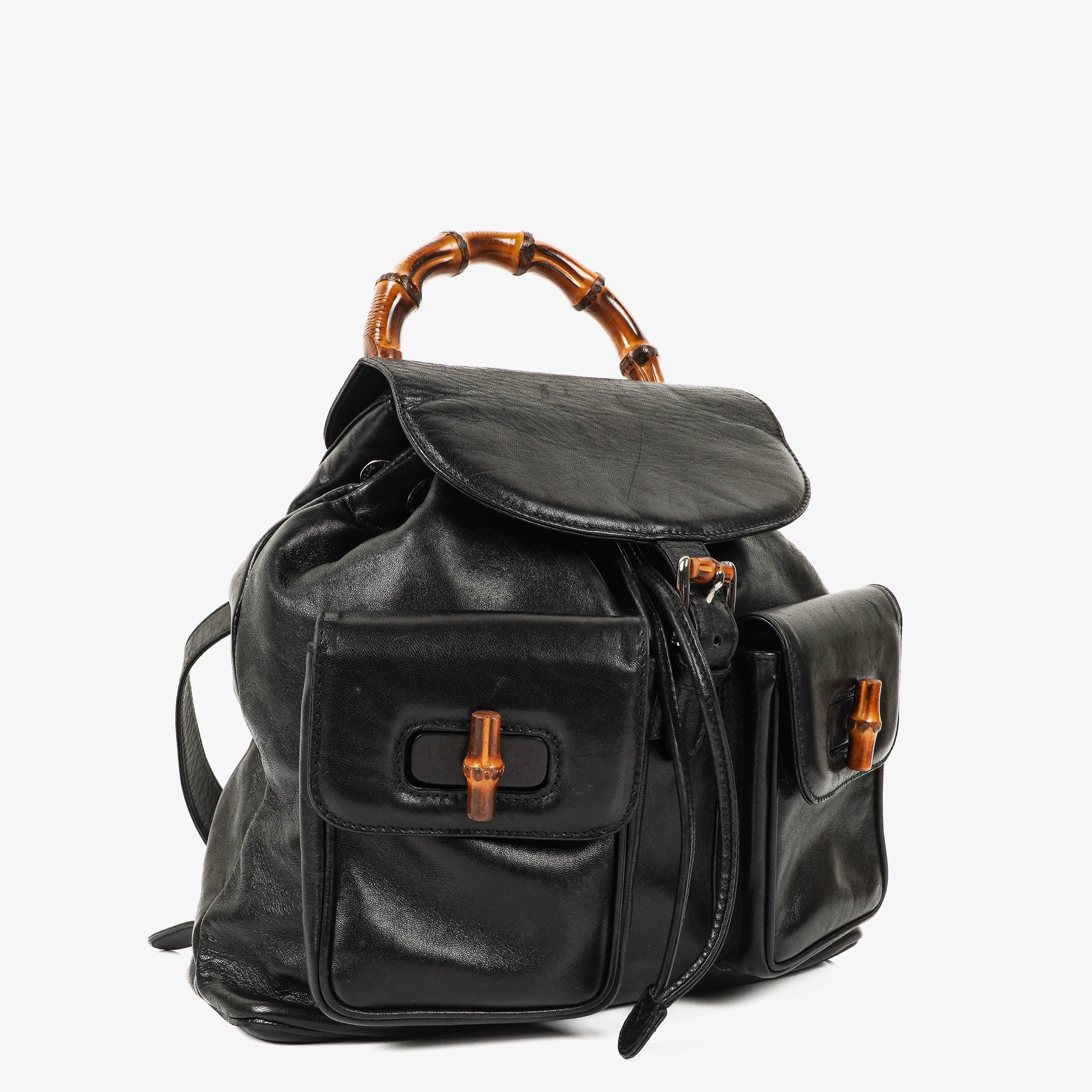 Gucci Vintage Black Leather Bamboo Backpack