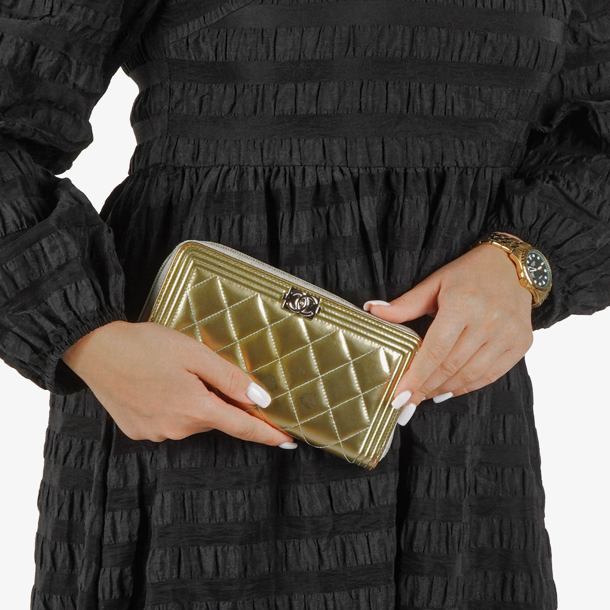Chanel Quilted Patent Leather Boy Zip Wallet
