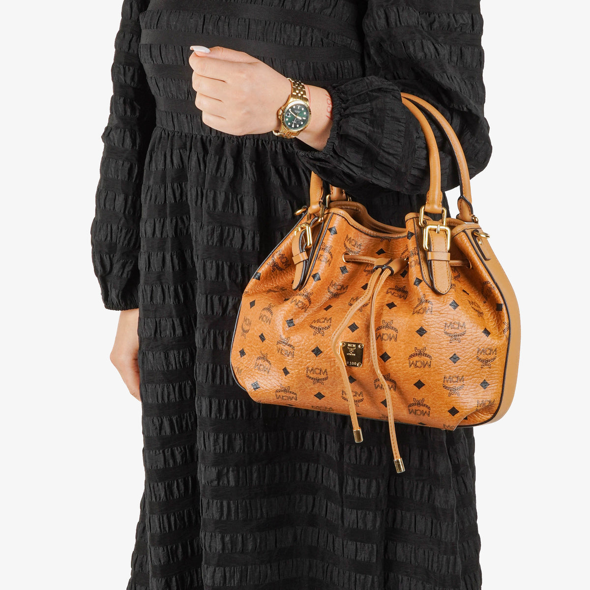 MCM Cognac Visetos Drawstring Tote Bag