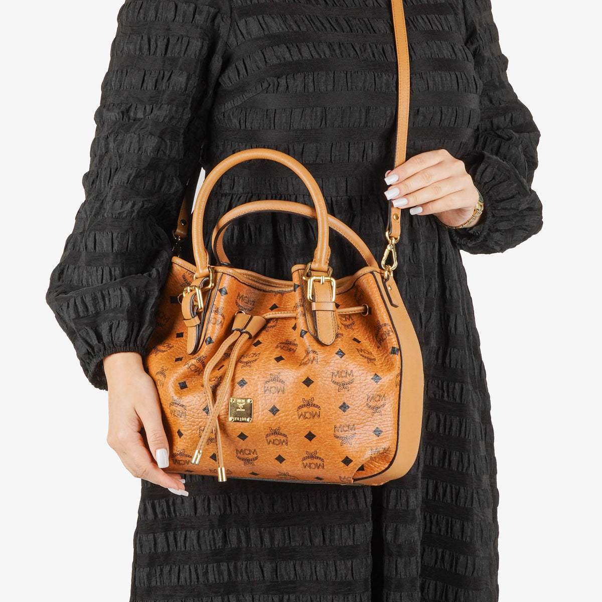 MCM Cognac Visetos Drawstring Tote Bag