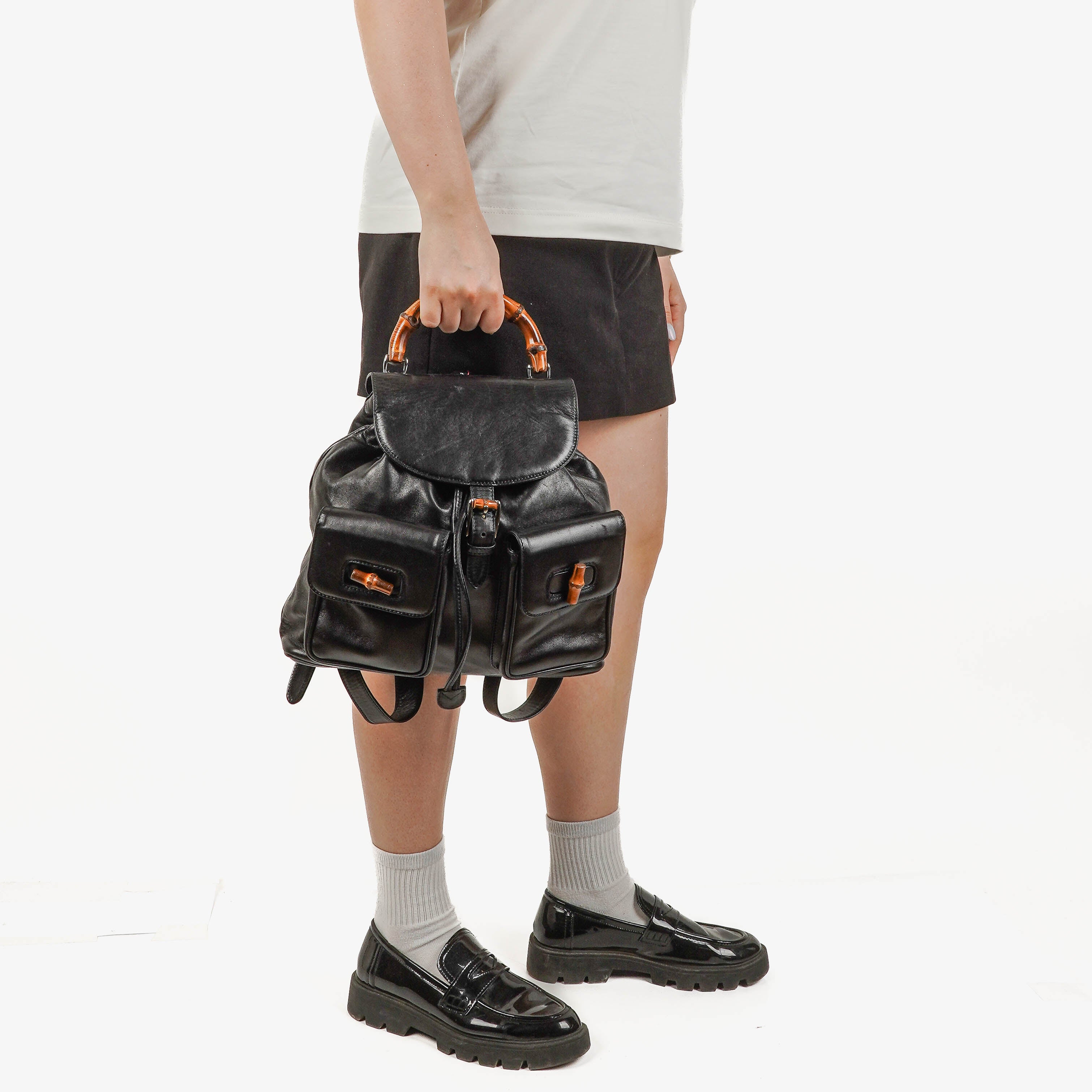 Gucci Vintage Black Leather Bamboo Backpack