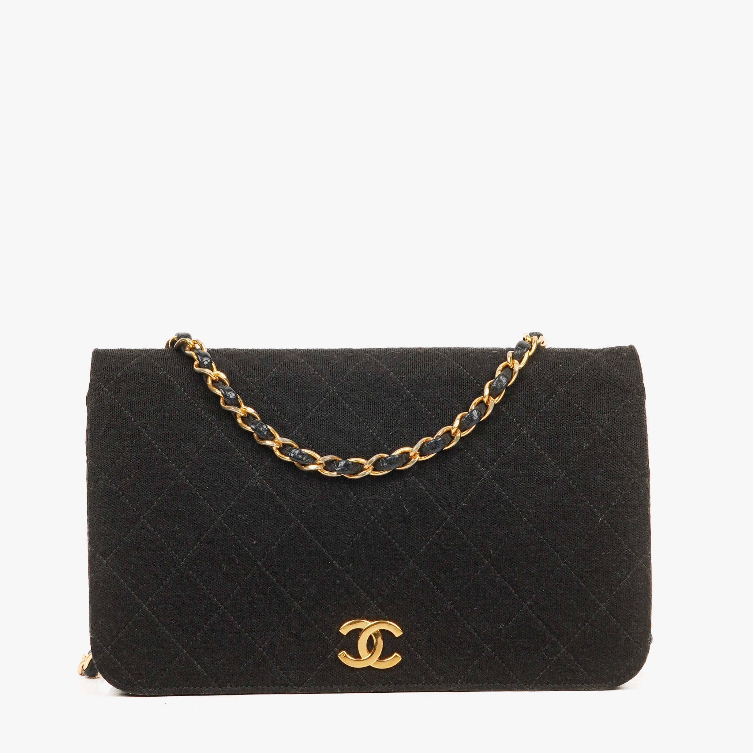 Chanel Classic Full Flap Bag Black Quilted Jersey With 24K Gold-Plated Hardware