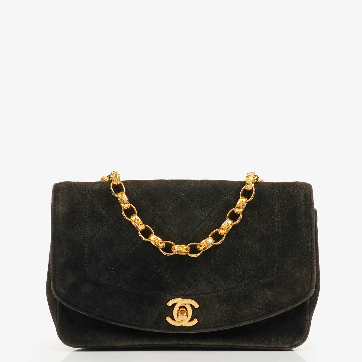 Chanel Mini Diana Bijoux Chain Black Quilted Suede Vintage Flap Bag with 24K Gold-Plated Hardware (1989–1991)