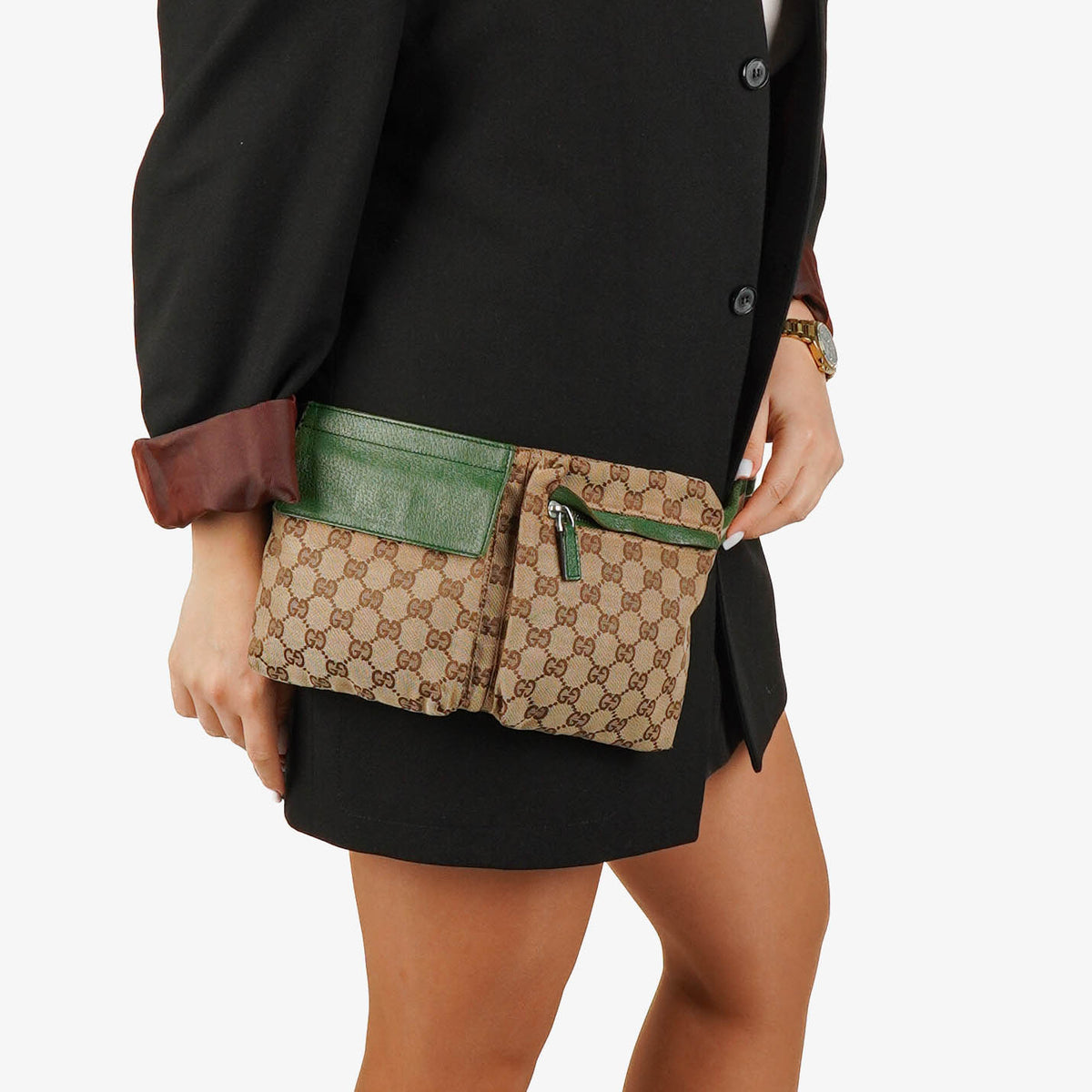 Gucci GG Beige/Green Monogram Canvas Belt Bag