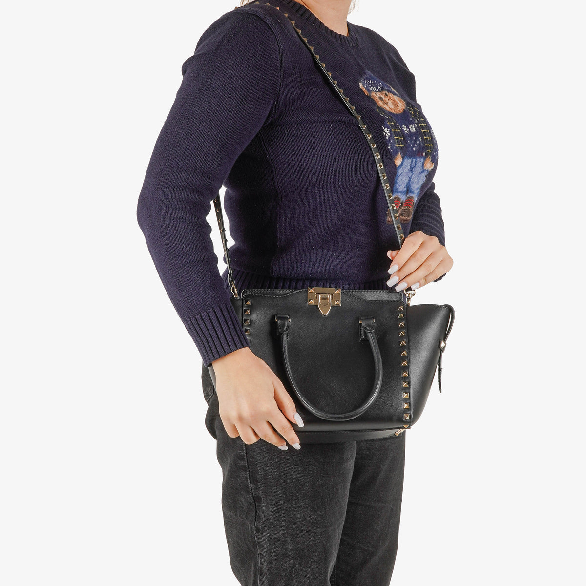 Valentino Garavani Rockstud Small Black Calfskin Double Handle Tote Bag
