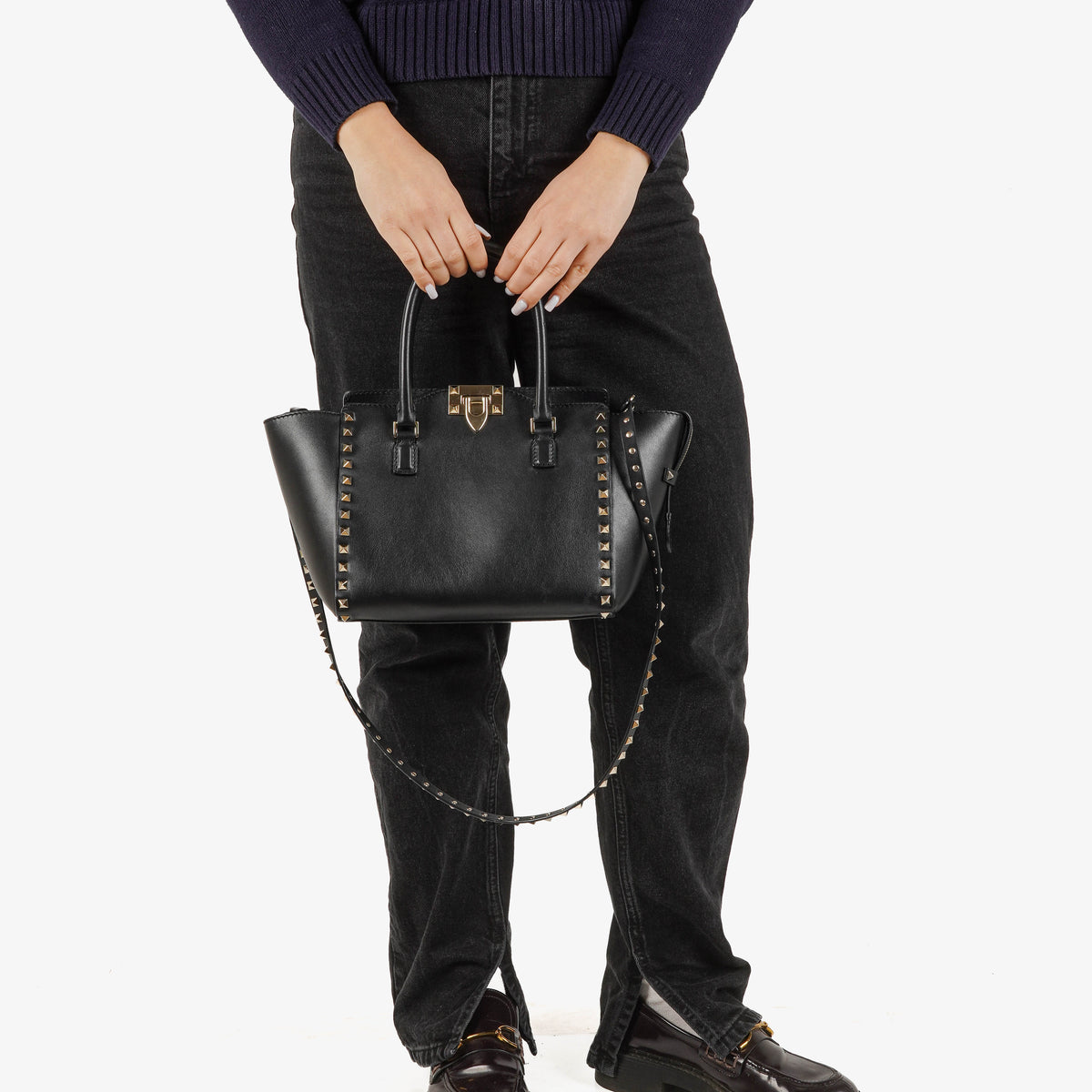 Valentino Garavani Rockstud Small Black Calfskin Double Handle Tote Bag