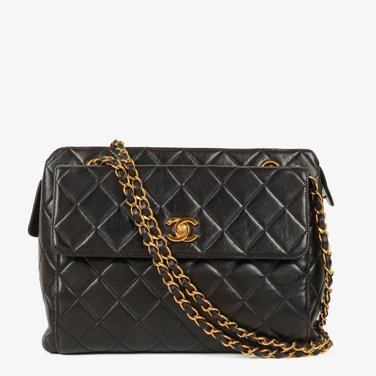 Chanel Black Quilted Leather CC Front Pocket Tote Bag