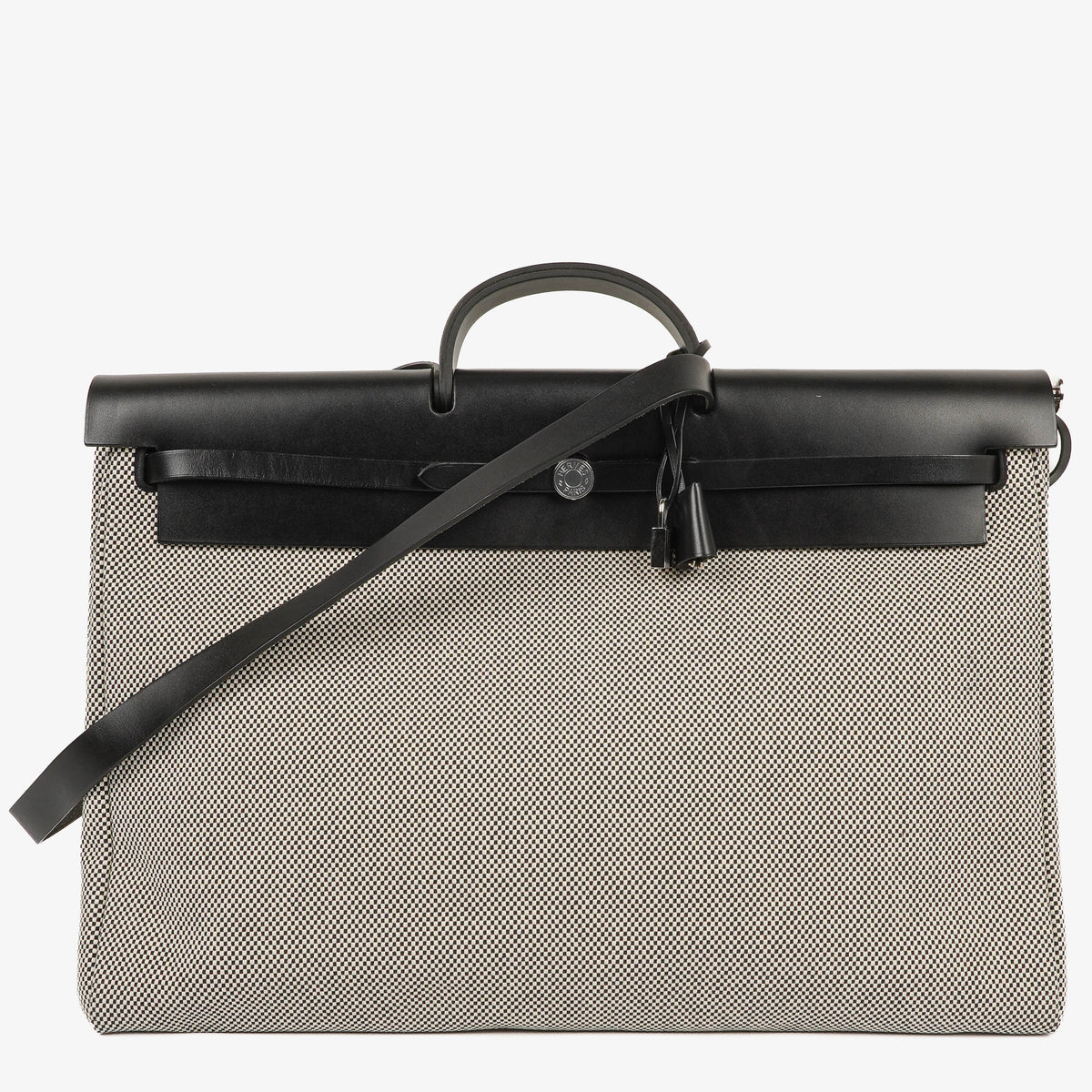 Hermes Zip Cabine Ecru/Blanc/Noir Viking Quadrille Canvas and Hunter Leather Bag