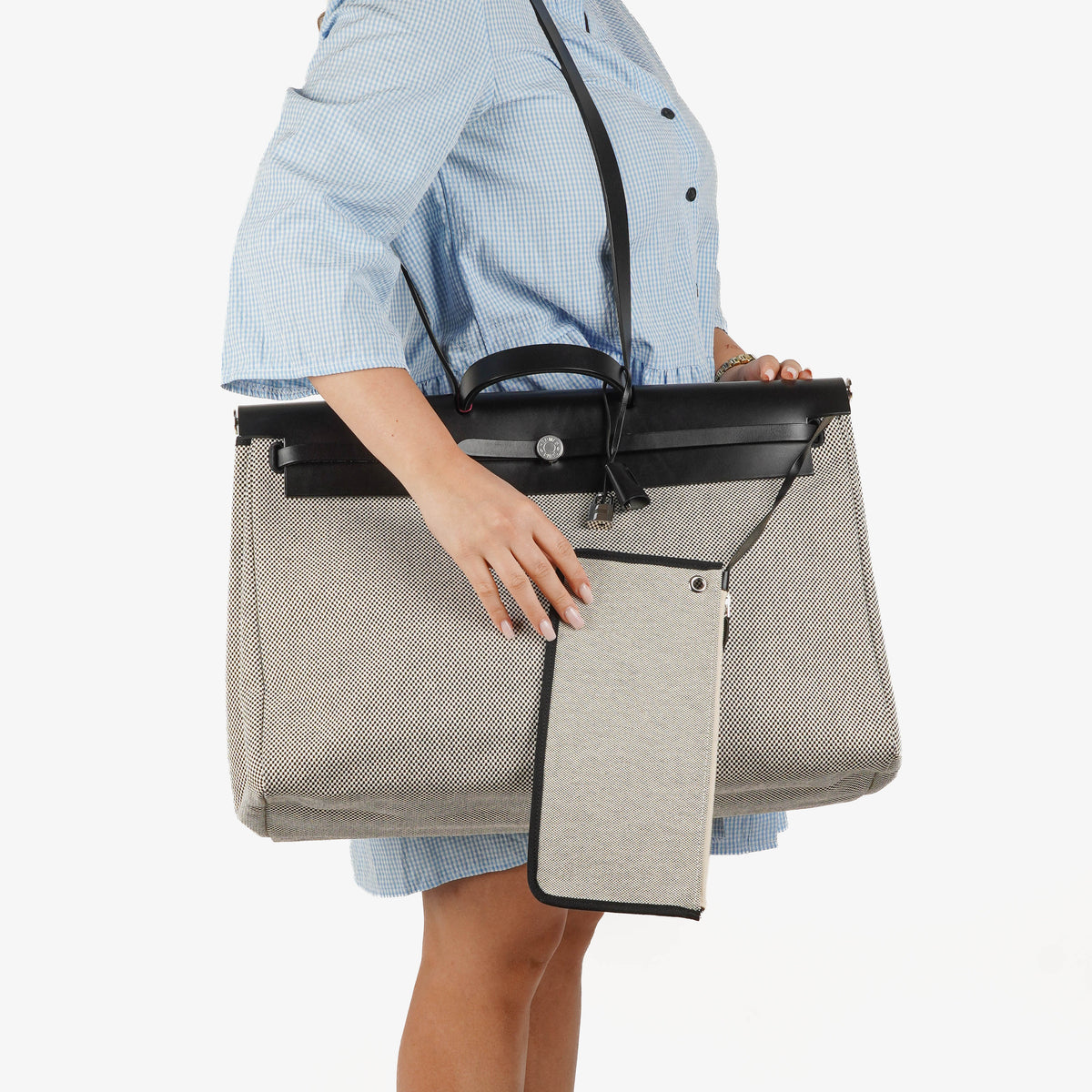 Hermes Zip Cabine Ecru/Blanc/Noir Viking Quadrille Canvas and Hunter Leather Bag