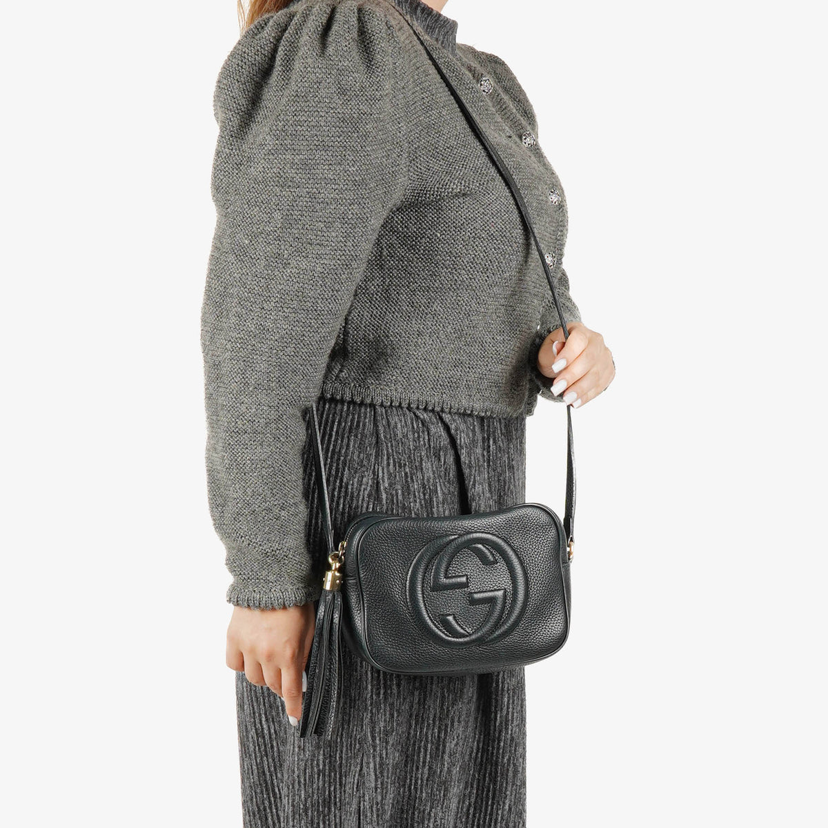 Gucci Pebbled Leather Black Soho Disco Studded Shoulder Bag