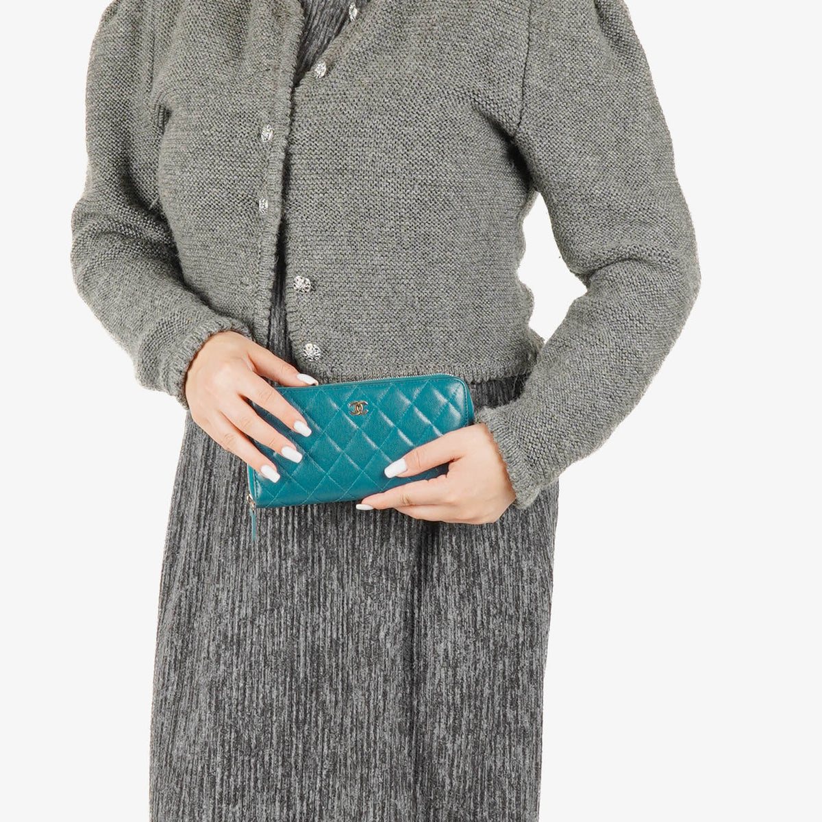 Chanel Turquoise Caviar Quilted Zip Around Wallet