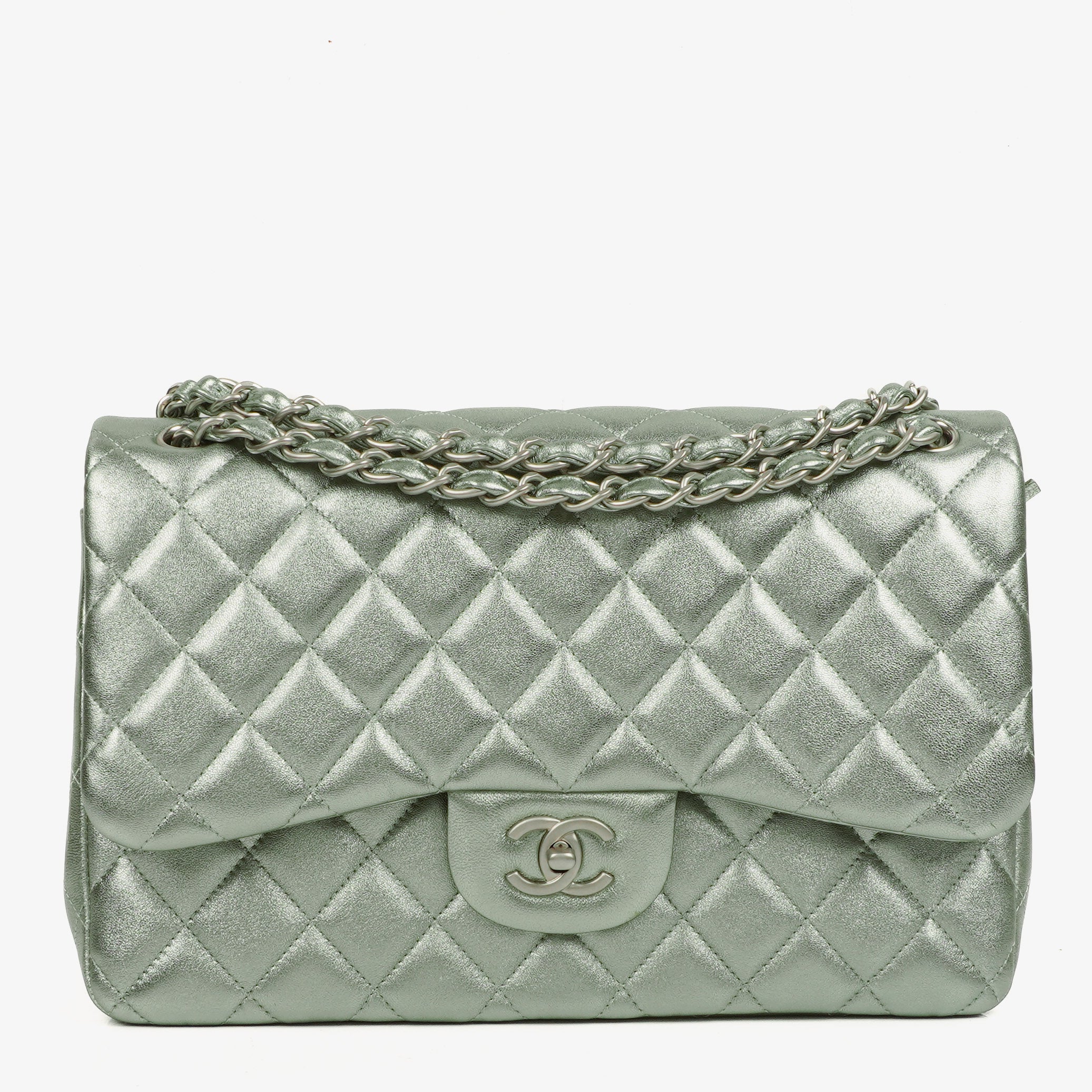 Chanel Classic Metallic Green Quilted Lambskin Jumbo Double Flap Bag 
