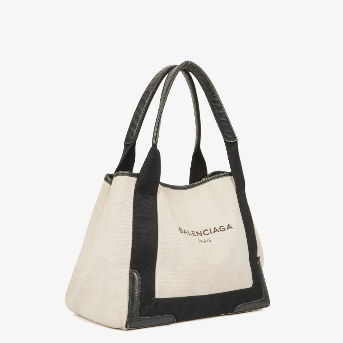 Balenciaga Navy Cabas Small Natural Black Calfskin Cotton Canvas Bag